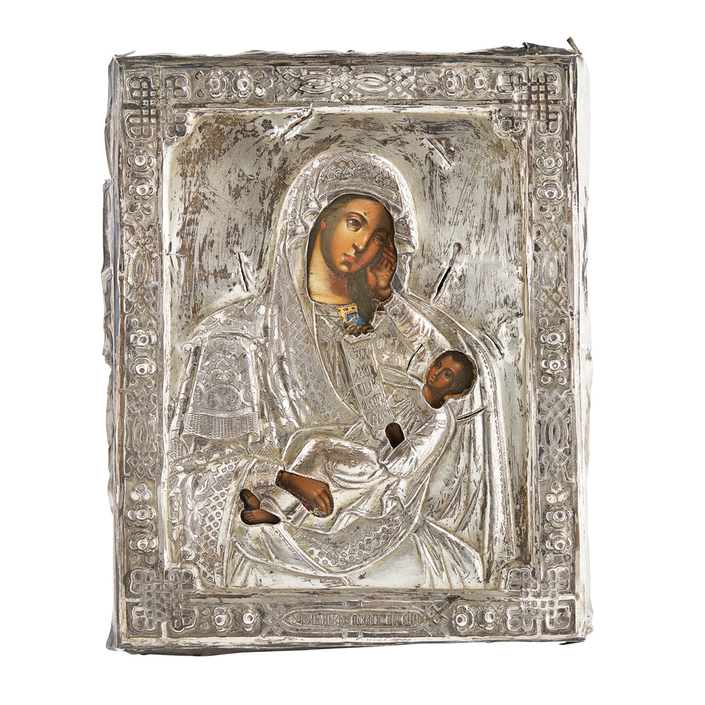 RUSSIAN MOTHER OF GOD ICON WITH SILVER OKLAD