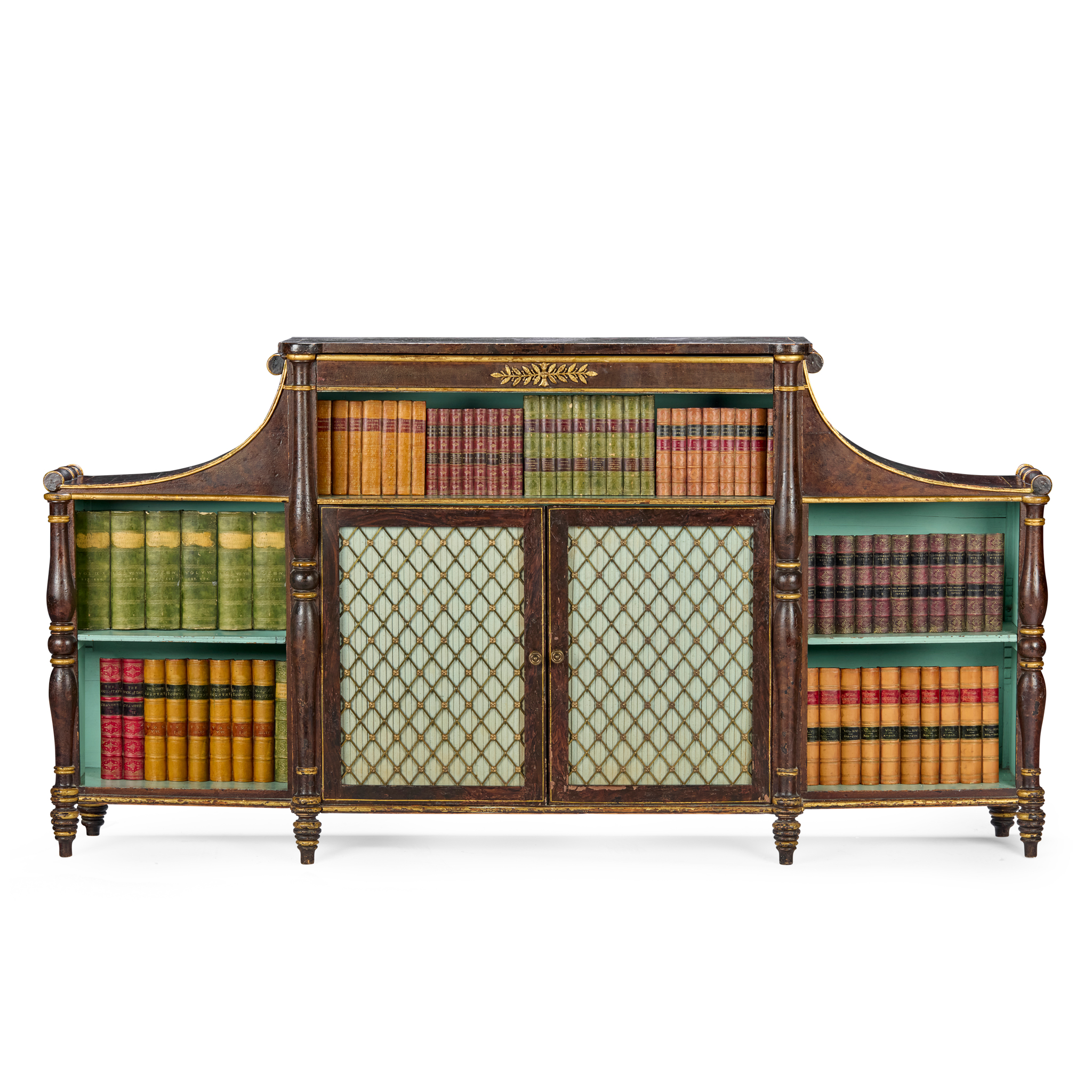 REGENCY PAINTED AND GRAIN PAINTED PARCEL-GILT LOW BOOKCASE CABINET