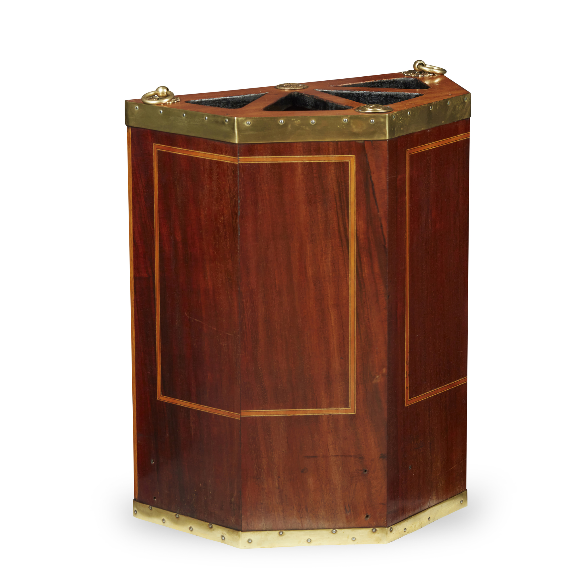 EDWARDIAN MAHOGANY, SATINWOOD AND BRASS BANDED STICK STAND