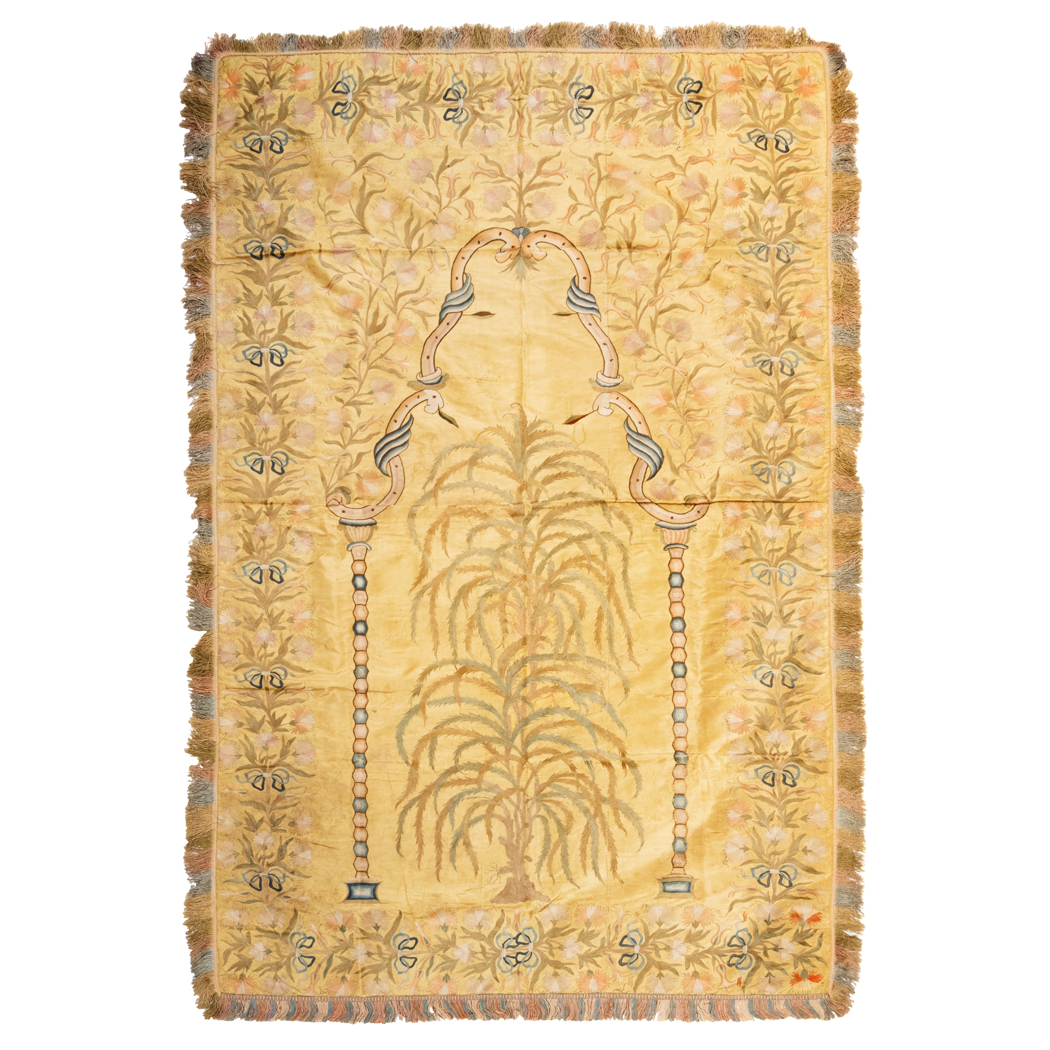 A STRIKING OTTOMAN SILK EMBROIDERED PRAYER PANEL WITH A 'TREE OF LIFE'