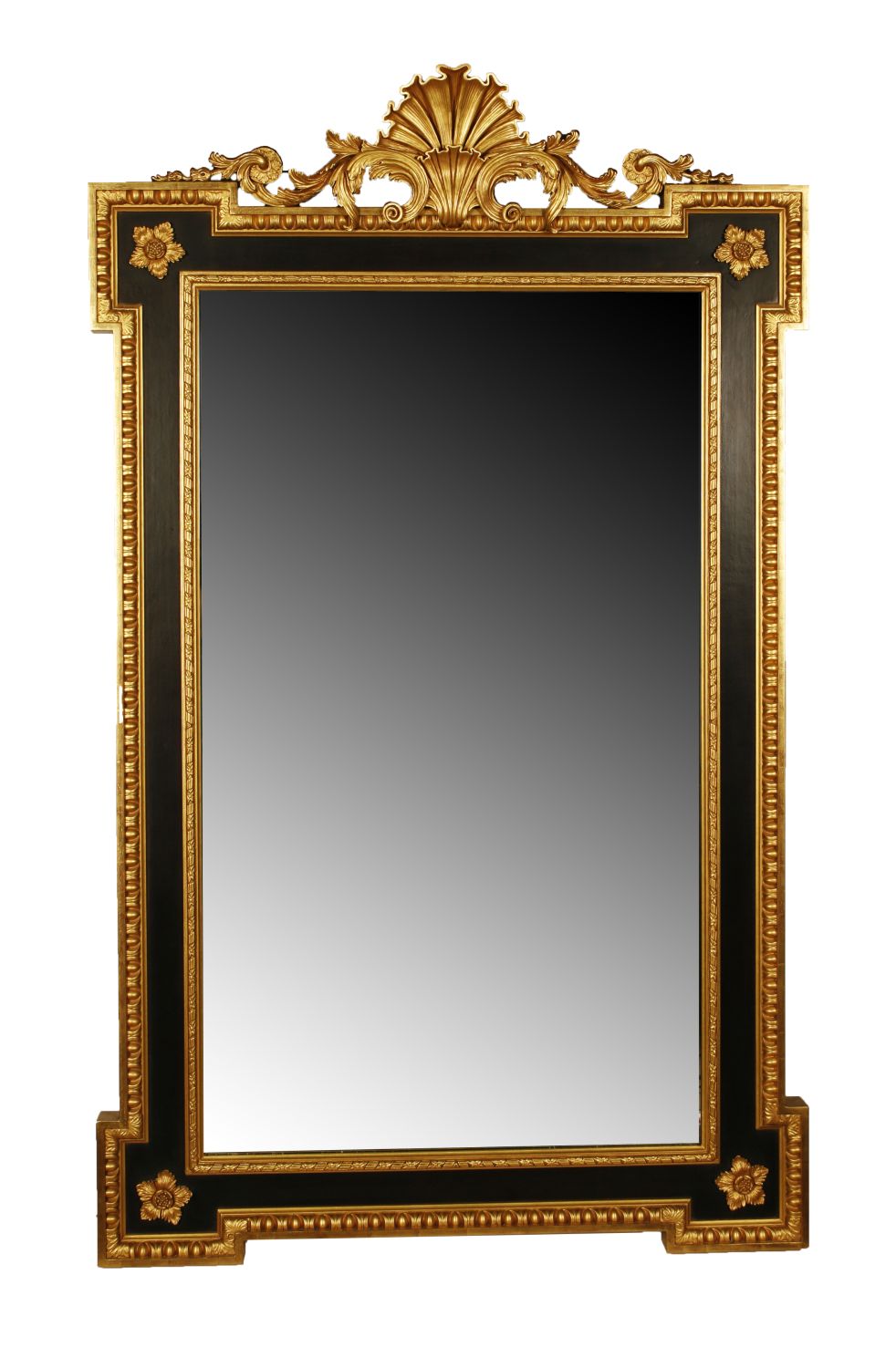 GILT AND EBONISED ROCOCO STYLE OVER MANTLE MIRROR