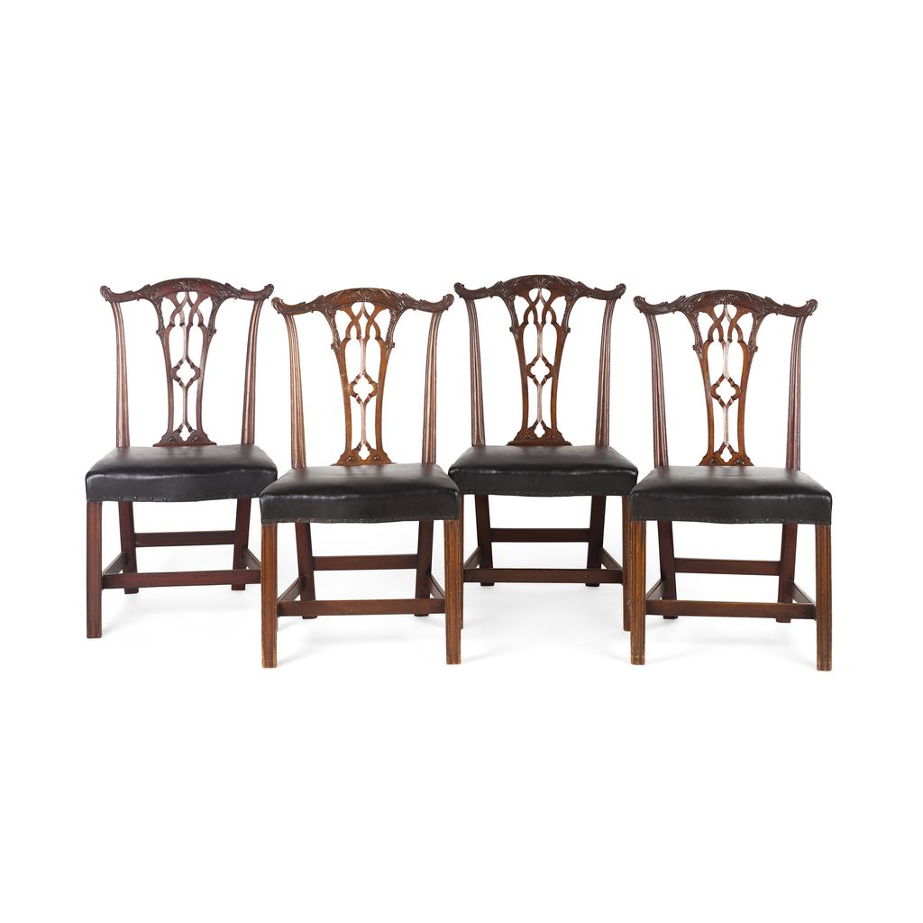 SET OF FOUR GEORGE III CHIPPENDALE STYLE DINING CHAIRS