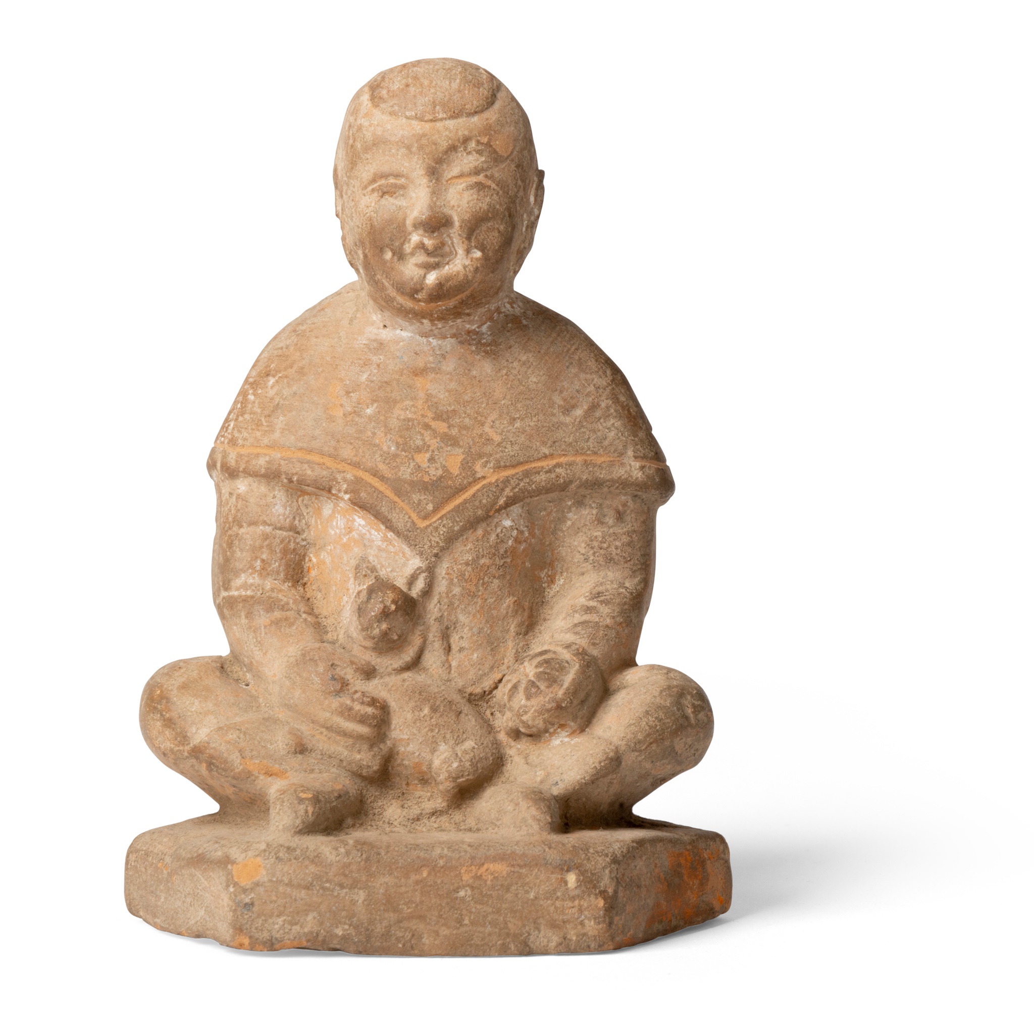POTTERY FIGURE OF A BOY HOLDING RABBIT