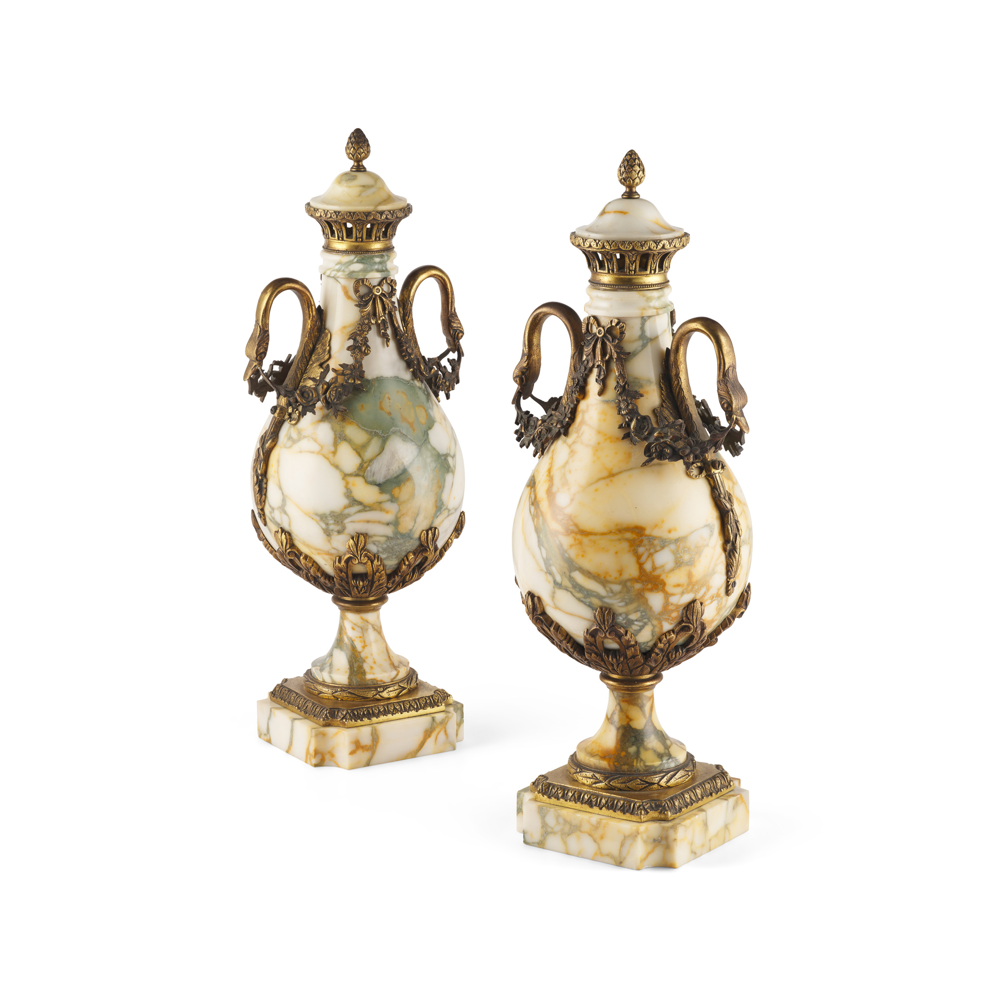 PAIR OF FRENCH GILT BRONZE MOUNTED YELLOW MARBLE URNS