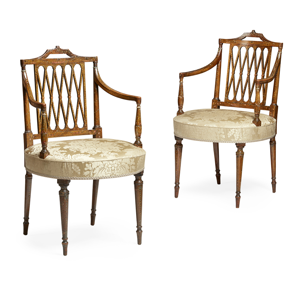 PAIR OF GEORGE III PAINTED HEPPLEWHITE ARMCHAIRS