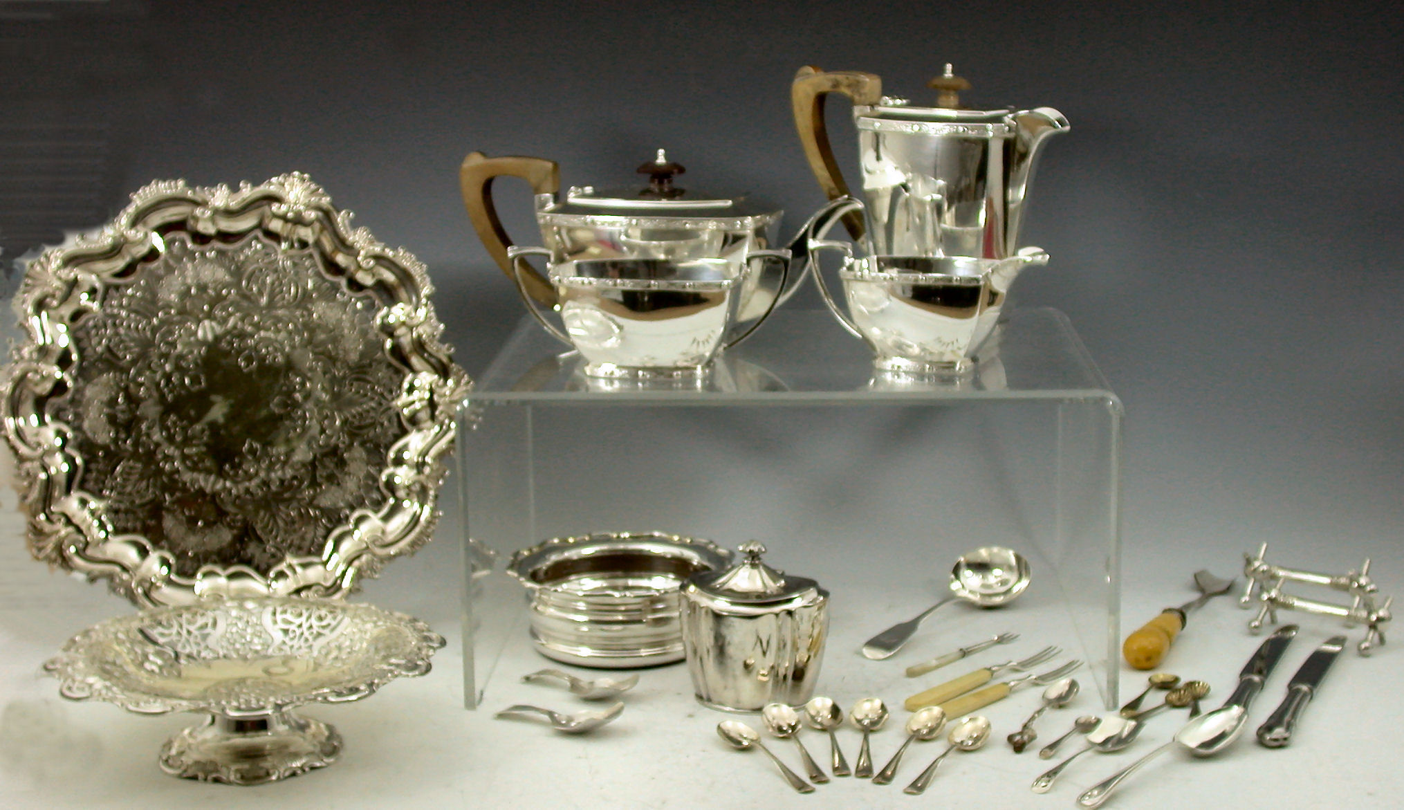A large collection of electroplated items,