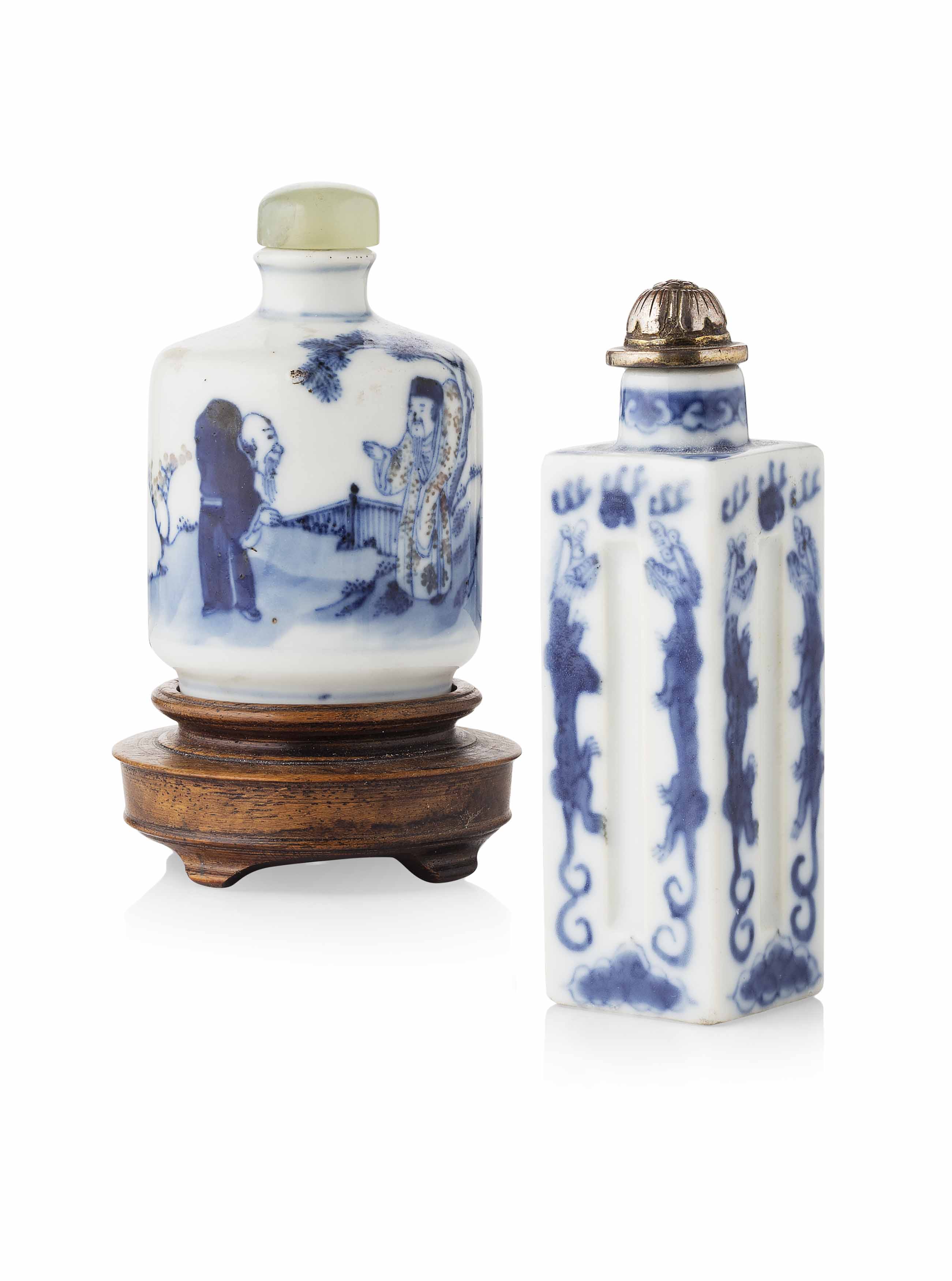 TWO BLUE AND WHITE SNUFF BOTTLES
