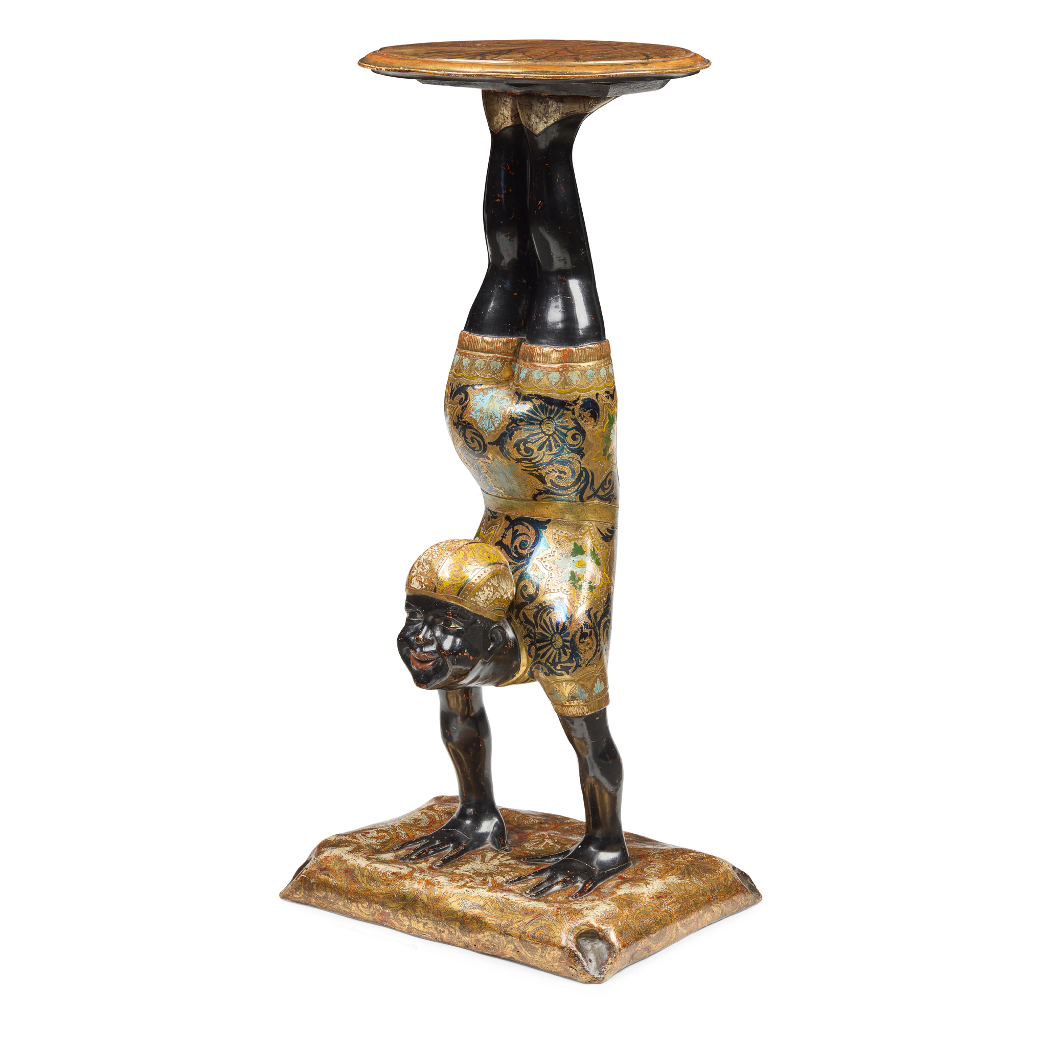 VENETIAN POLYCHROMED AND GILT FIGURAL CANDLE STAND