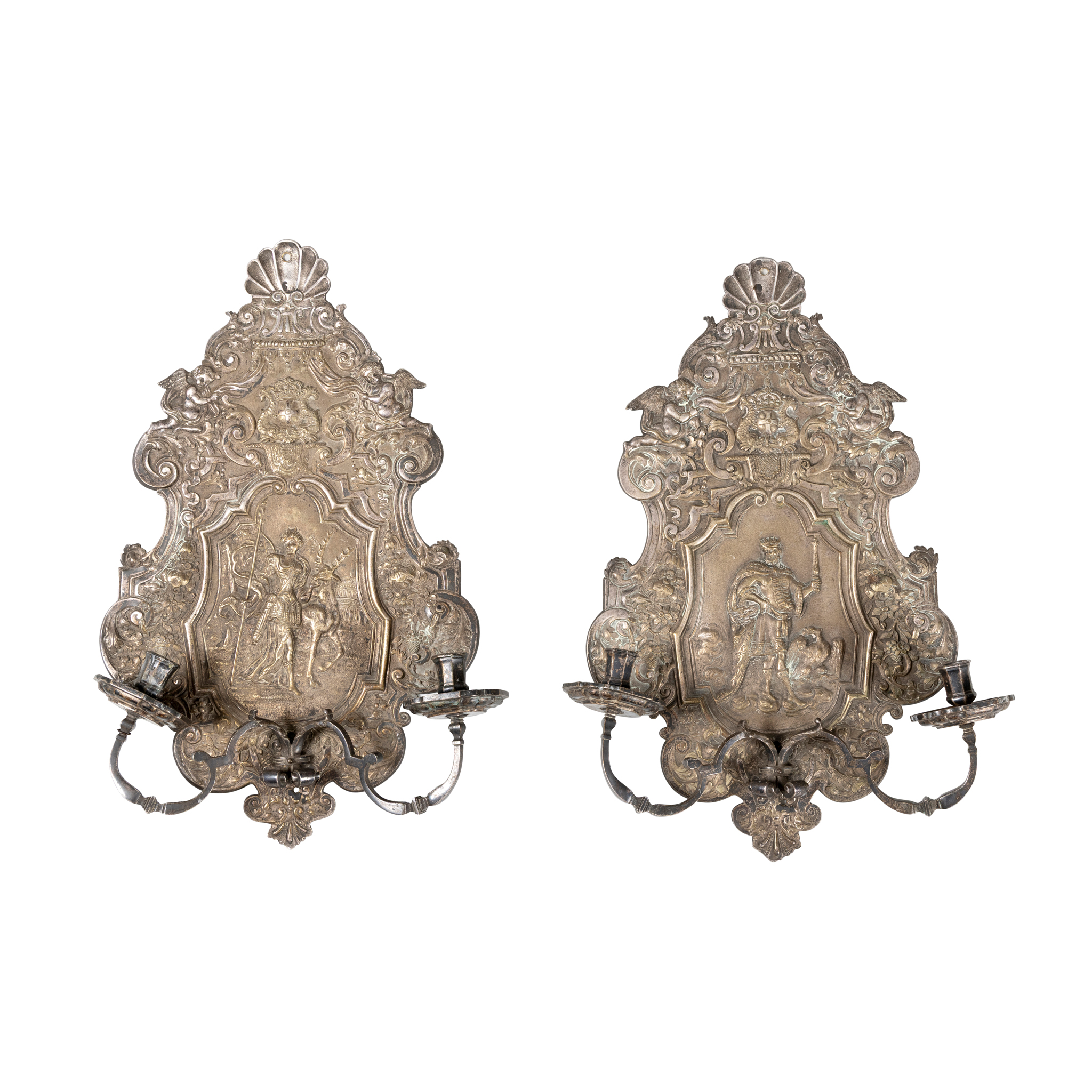 A PAIR OF FRENCH SILVERED WALL APPLIQUE