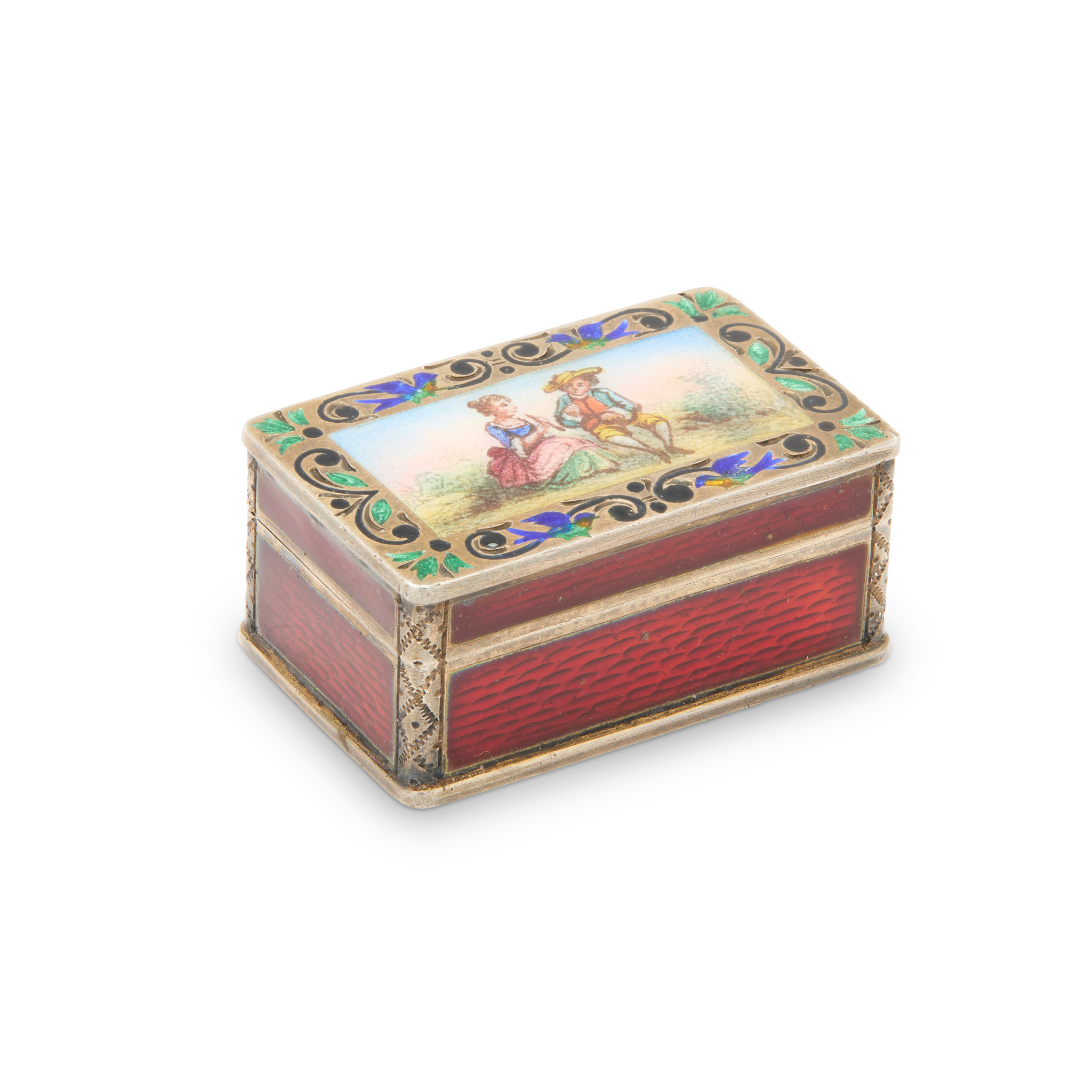 AUSTRIAN SILVER GILT AND ENAMEL PILL BOX, STAMPED 'SG' FOR SIMON GRUNWALD