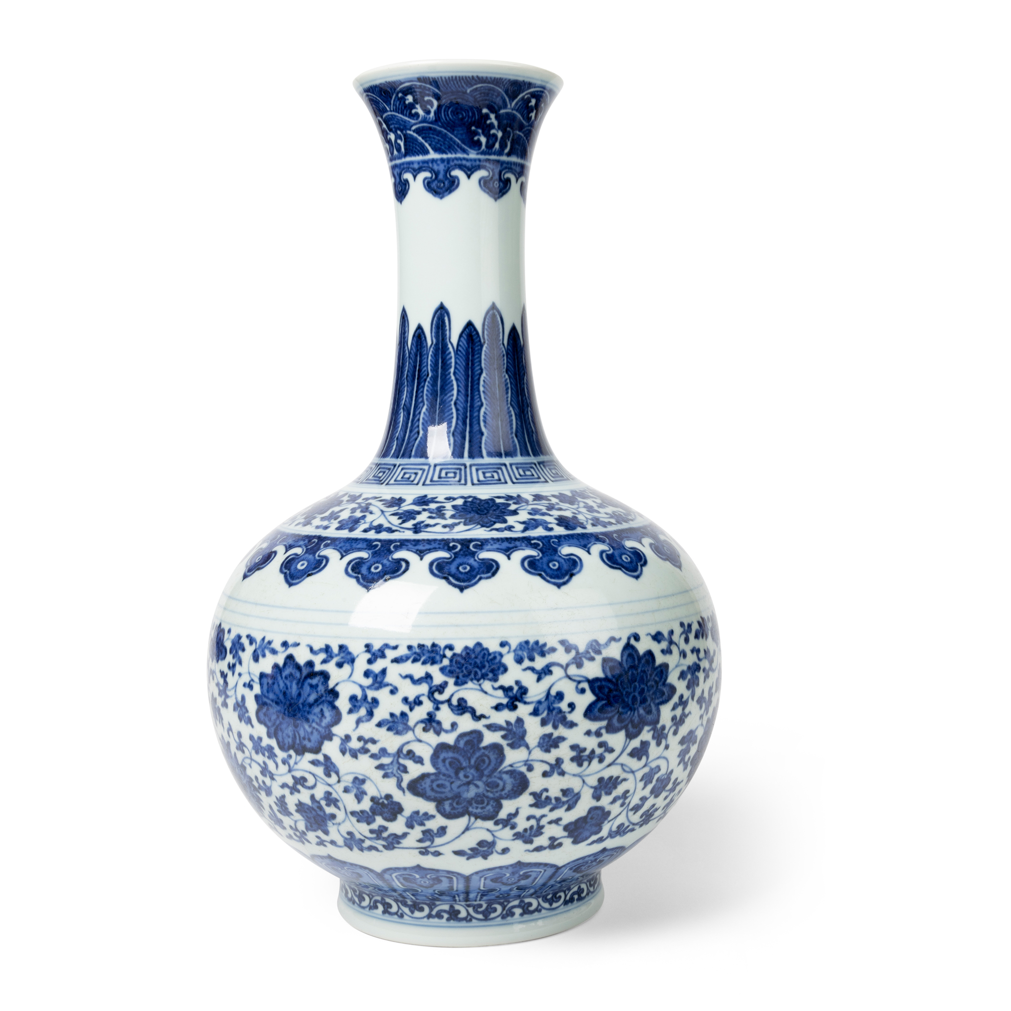 CHINESE BLUE AND WHITE 'LOTUS SCROLL' BOTTLE VASE