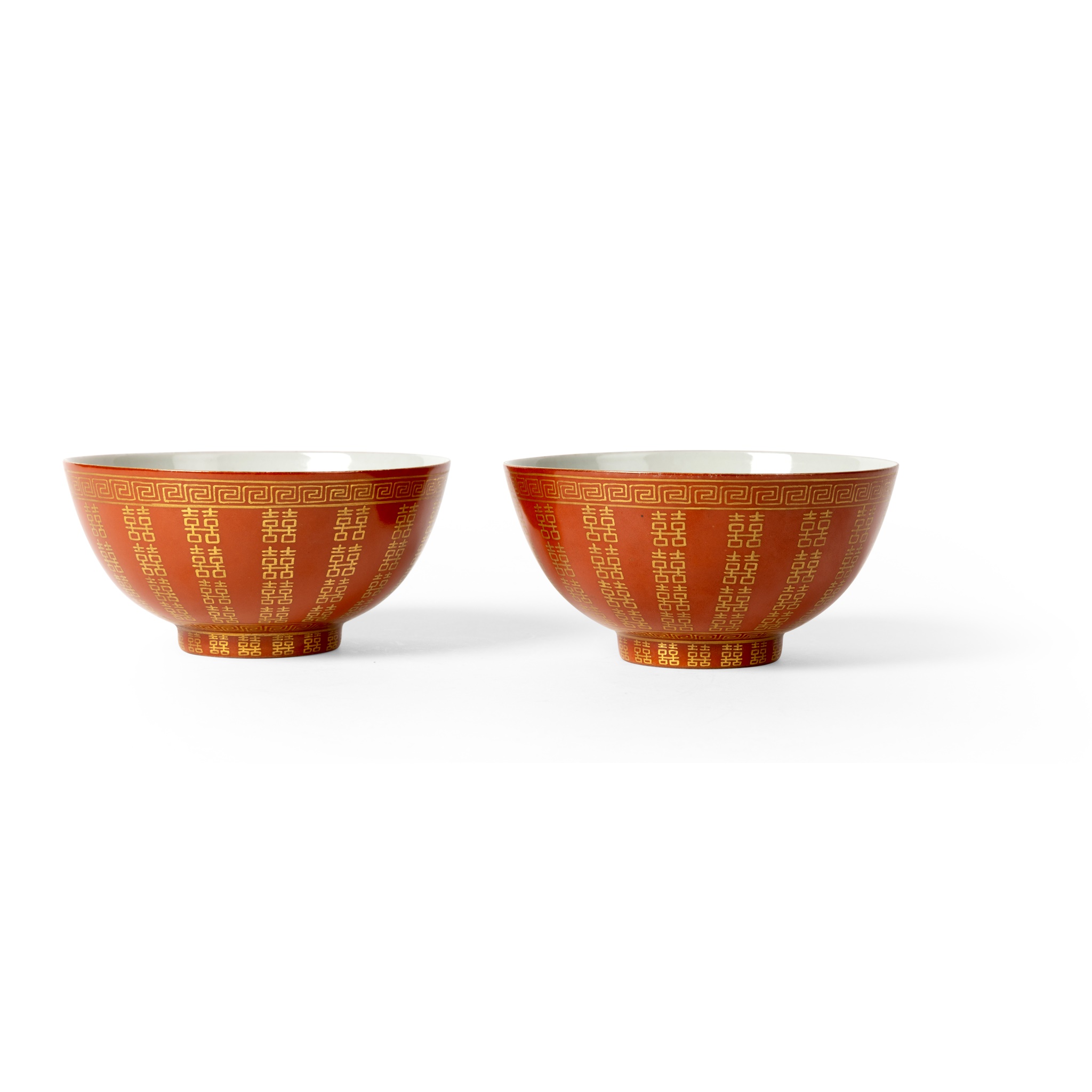 TWO CORAL-RED-GROUND GILT-DECORATED 'DOUBLE HAPPINESS' BOWLS