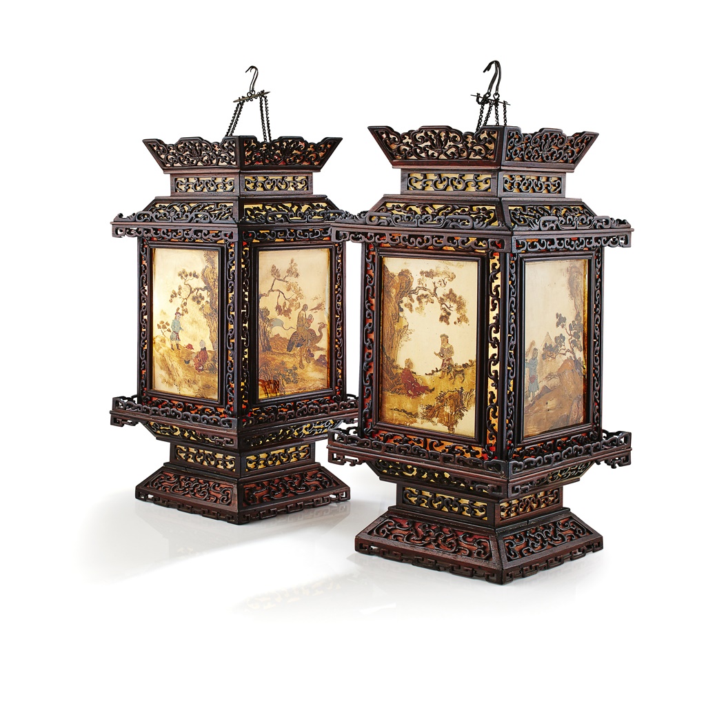 PAIR OF ZITAN AND REVERSE-PAINTED GLASS HANGING LANTERNS