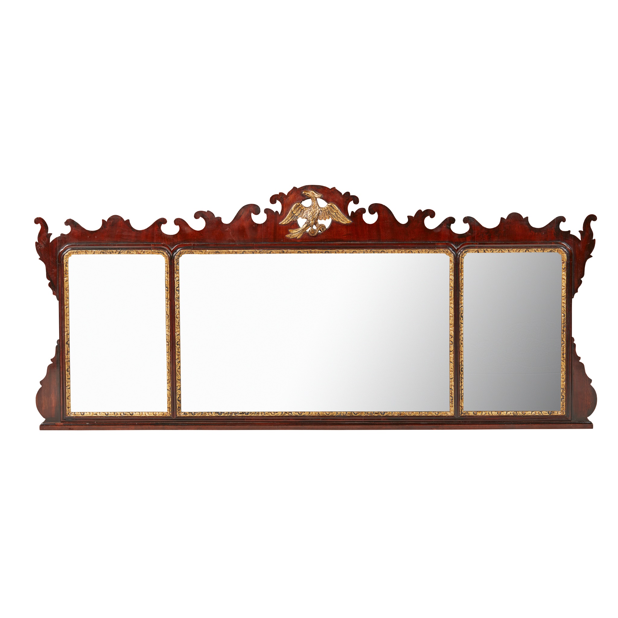 GEORGIAN STYLE MAHOGANY AND GILT TRIPLE OVERMANTEL MIRROR