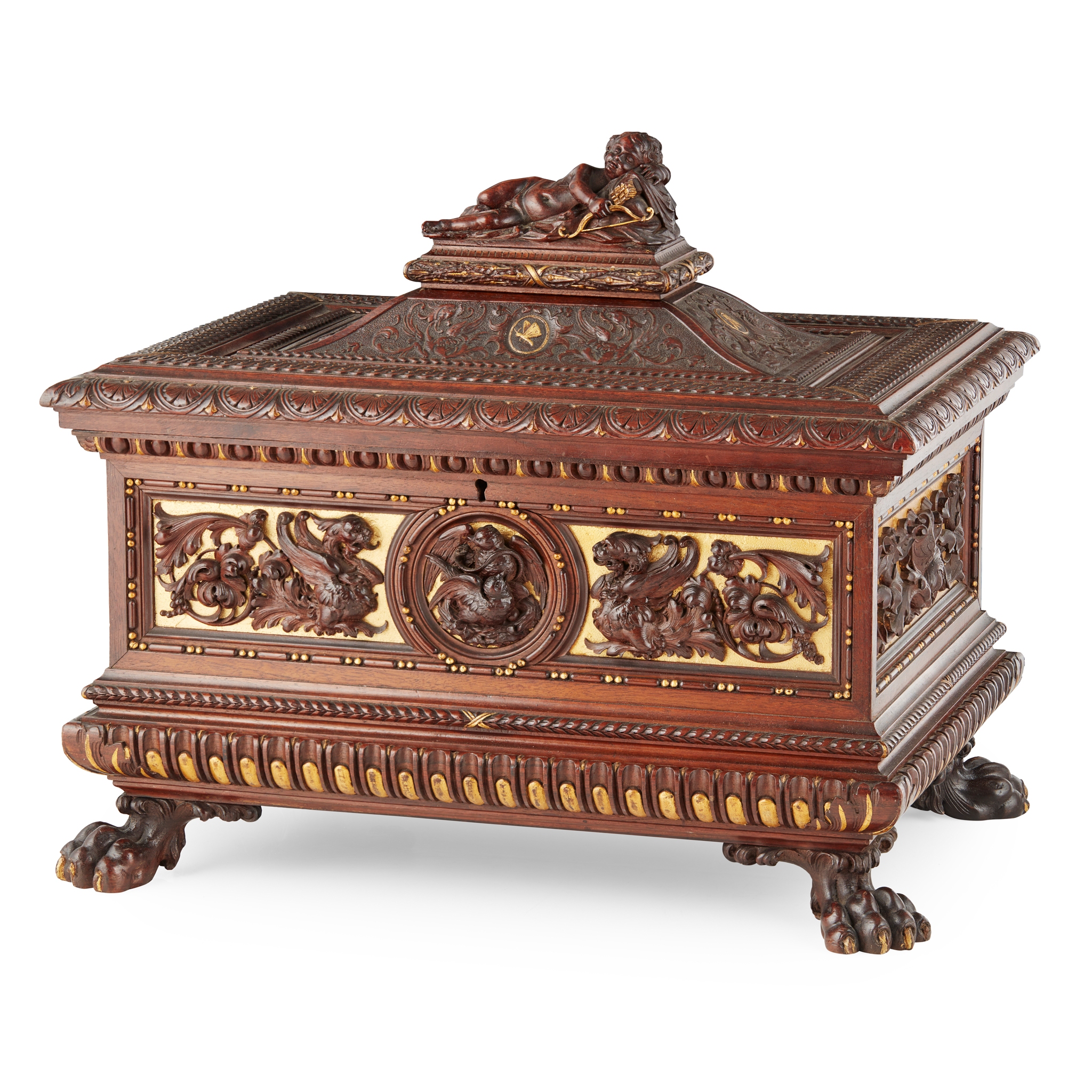 ITALIAN CARVED WALNUT AND PARCEL-GILT TABLE CASKET, BY GAETANO GOSI AND ANGELO QUERCI
