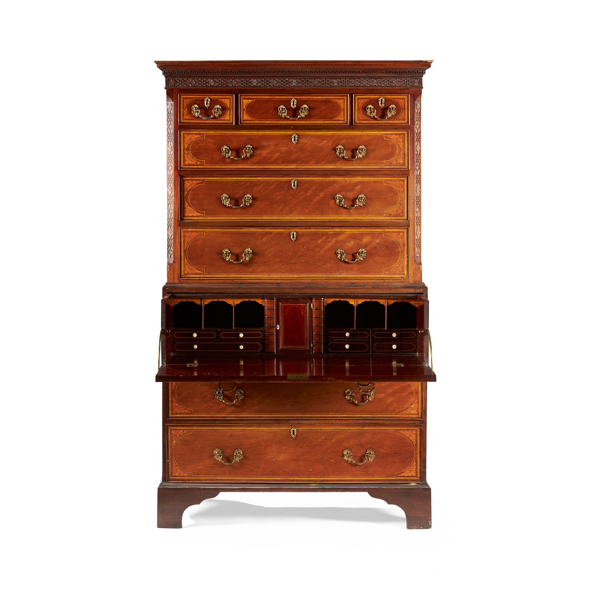 GEORGE III MAHOGANY AND INLAY SECRETAIRE CHEST-ON-CHEST