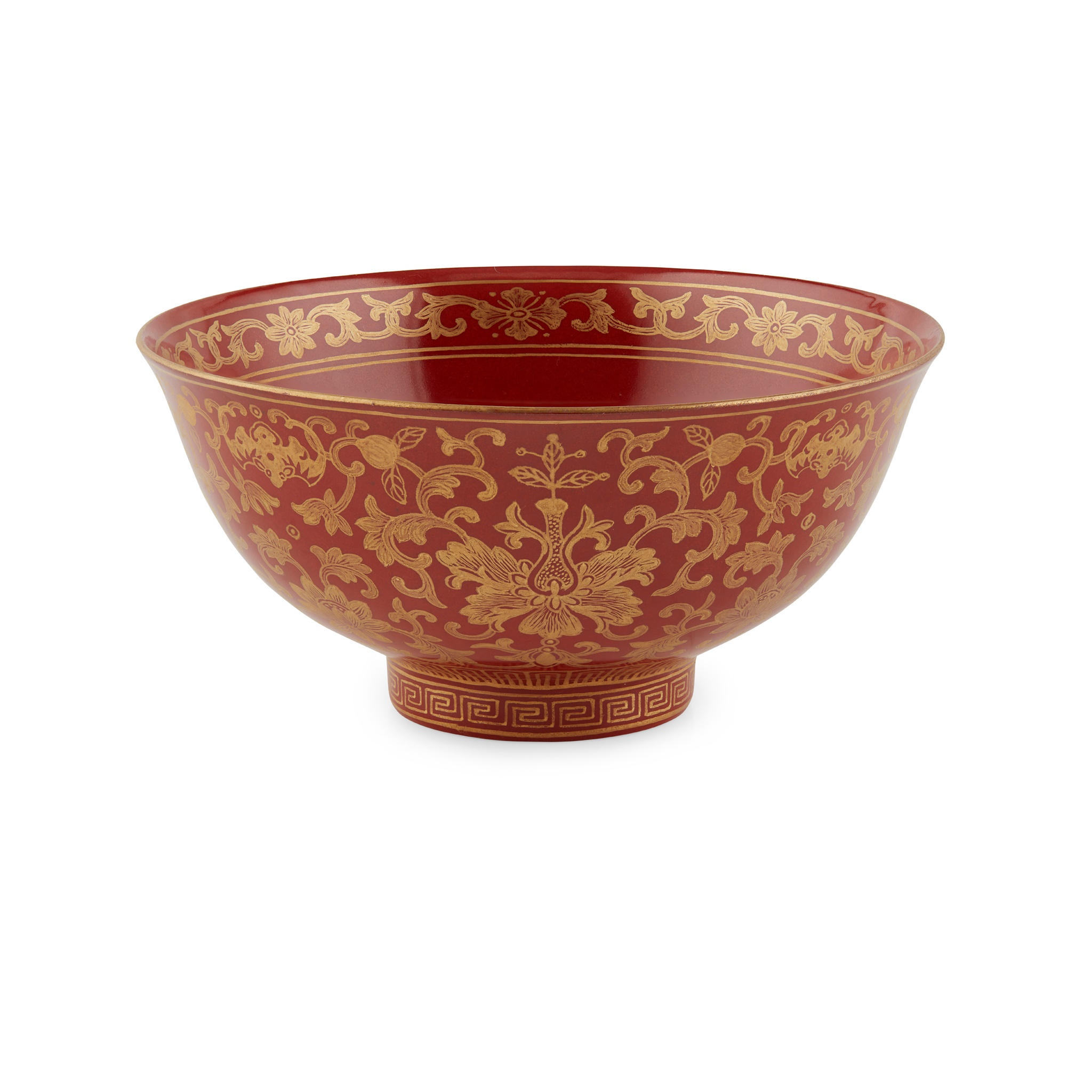CORAL-RED-GROUND GILT-DECORATED 'LOTUS' BOWL