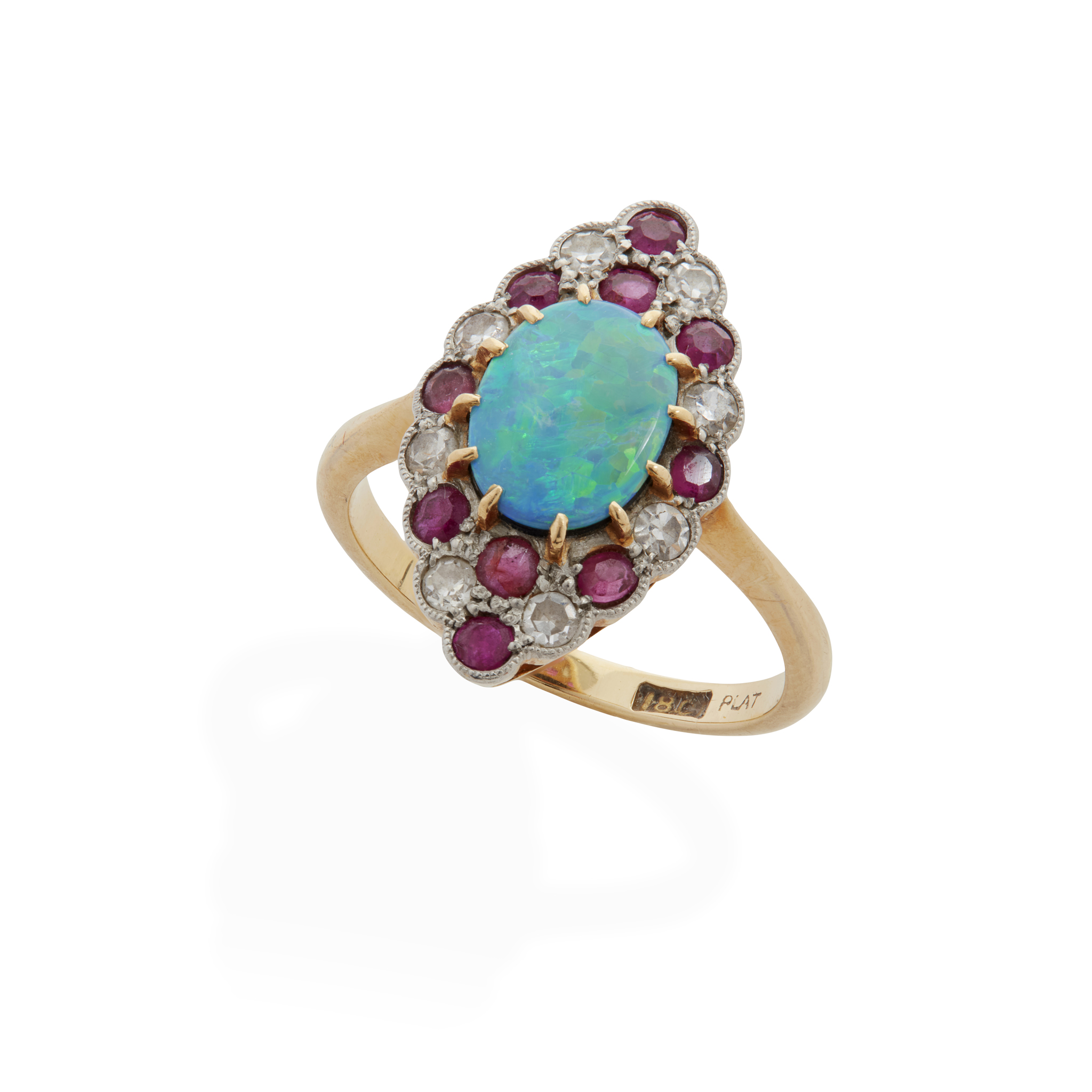 An opal doublet, ruby, and diamond ring