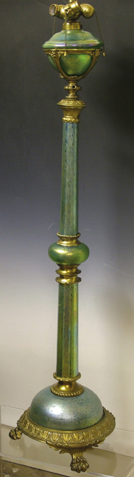 A Loetz peacock iridescent glass extending standard lamp,
