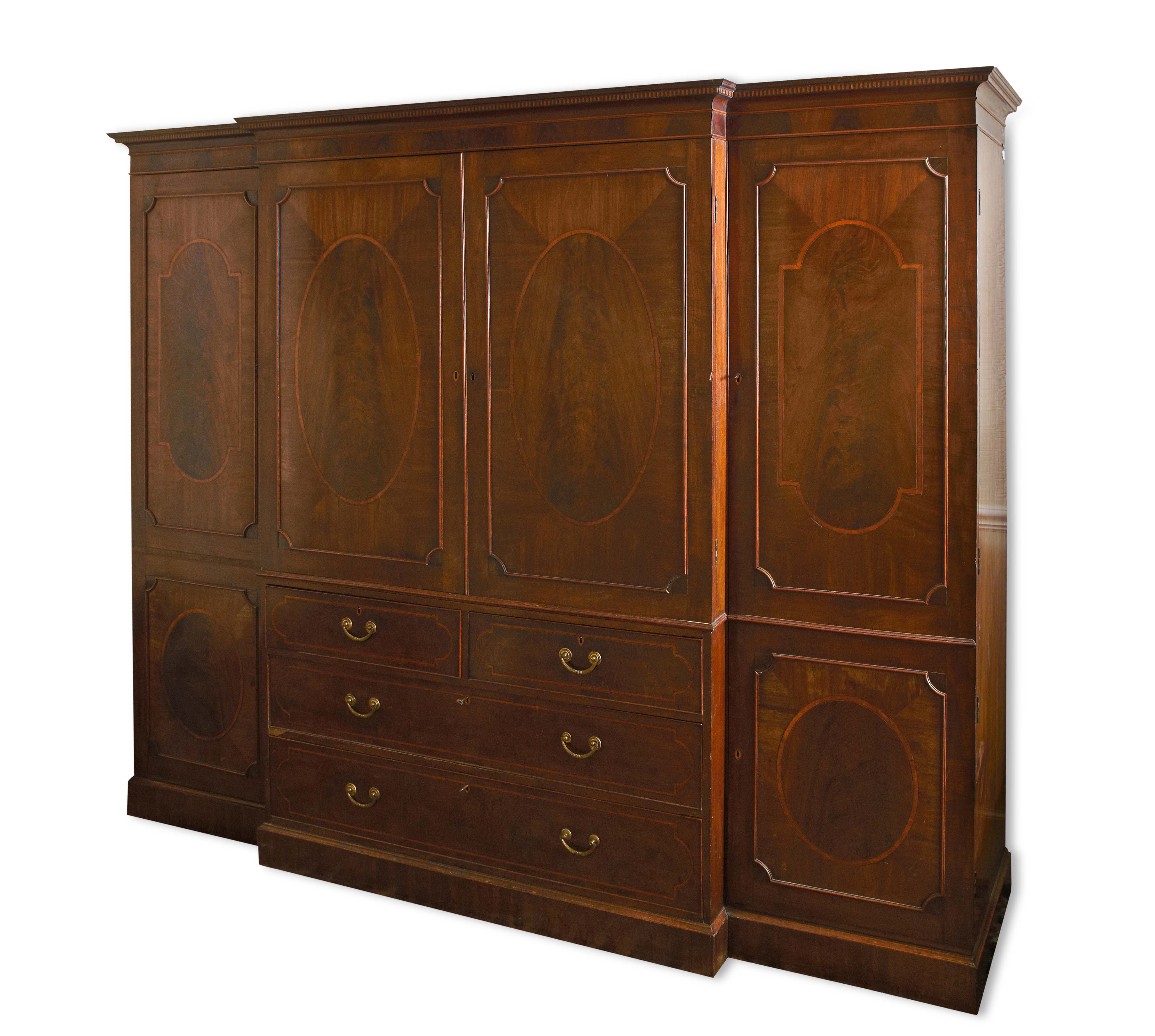 EDWARDIAN MAHOGANY BREAKFRONT LINEN PRESS