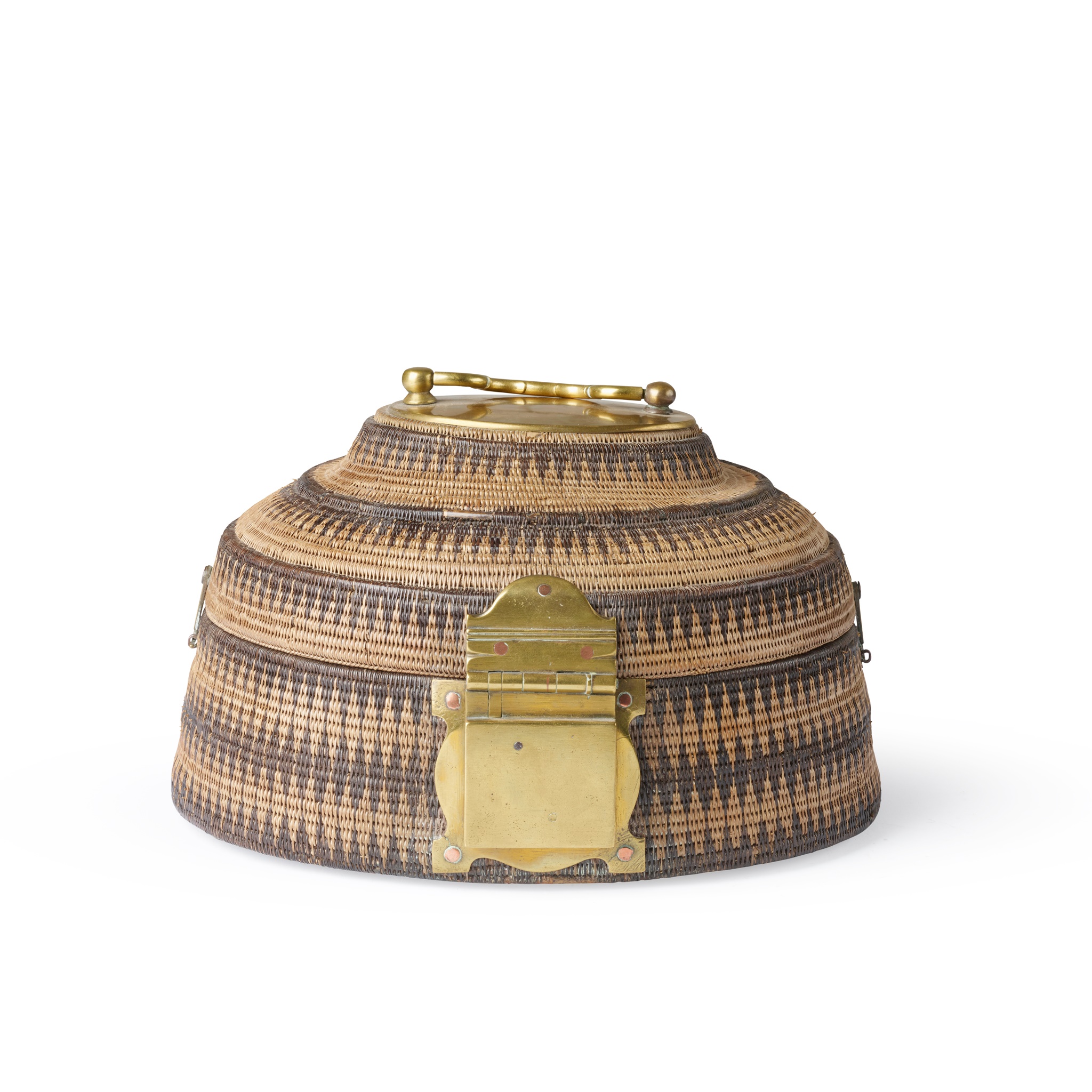 WOVEN CANE JEWELLERY BASKET WITH BRASS MOUNTS, VEL-PETTIYA