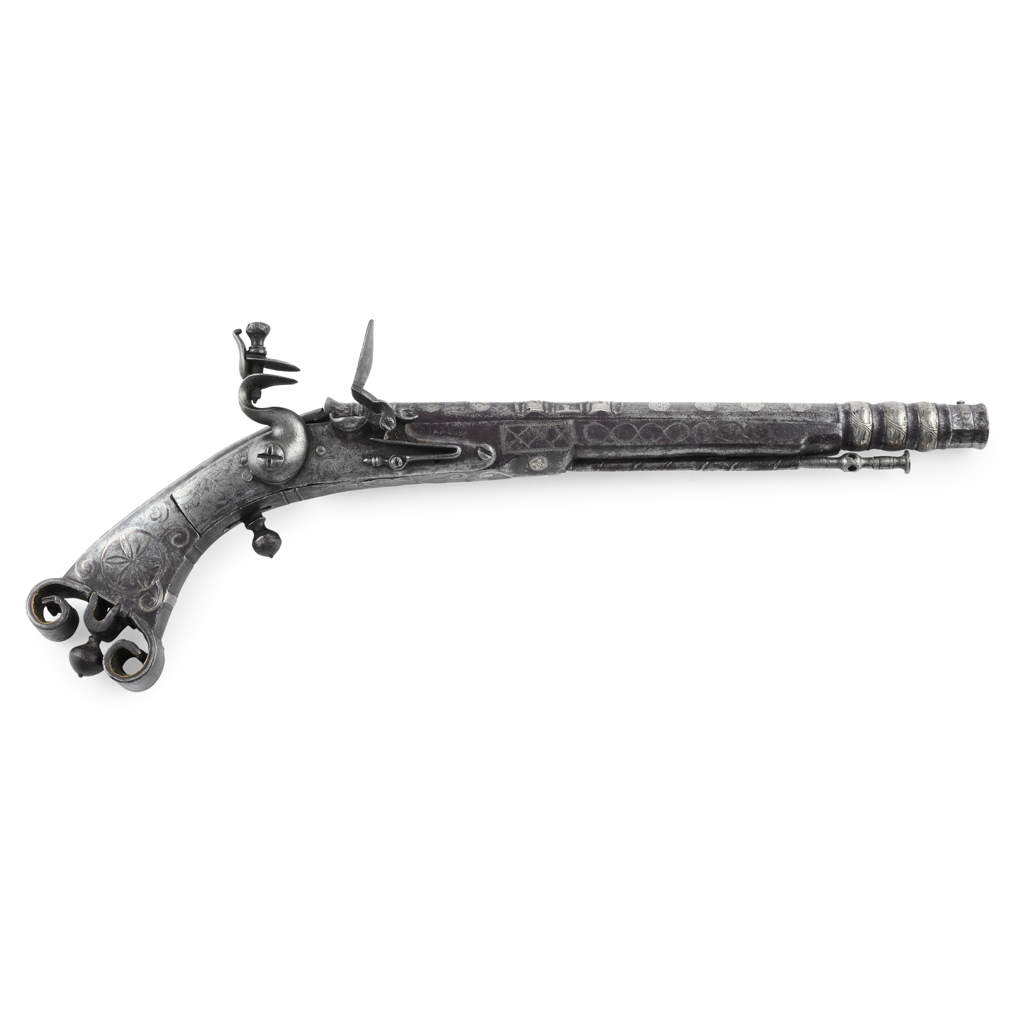 A LATE 17TH CENTURY SCOTTISH FLINTLOCK ALL METAL SCROLL BUTT BELT PISTOL