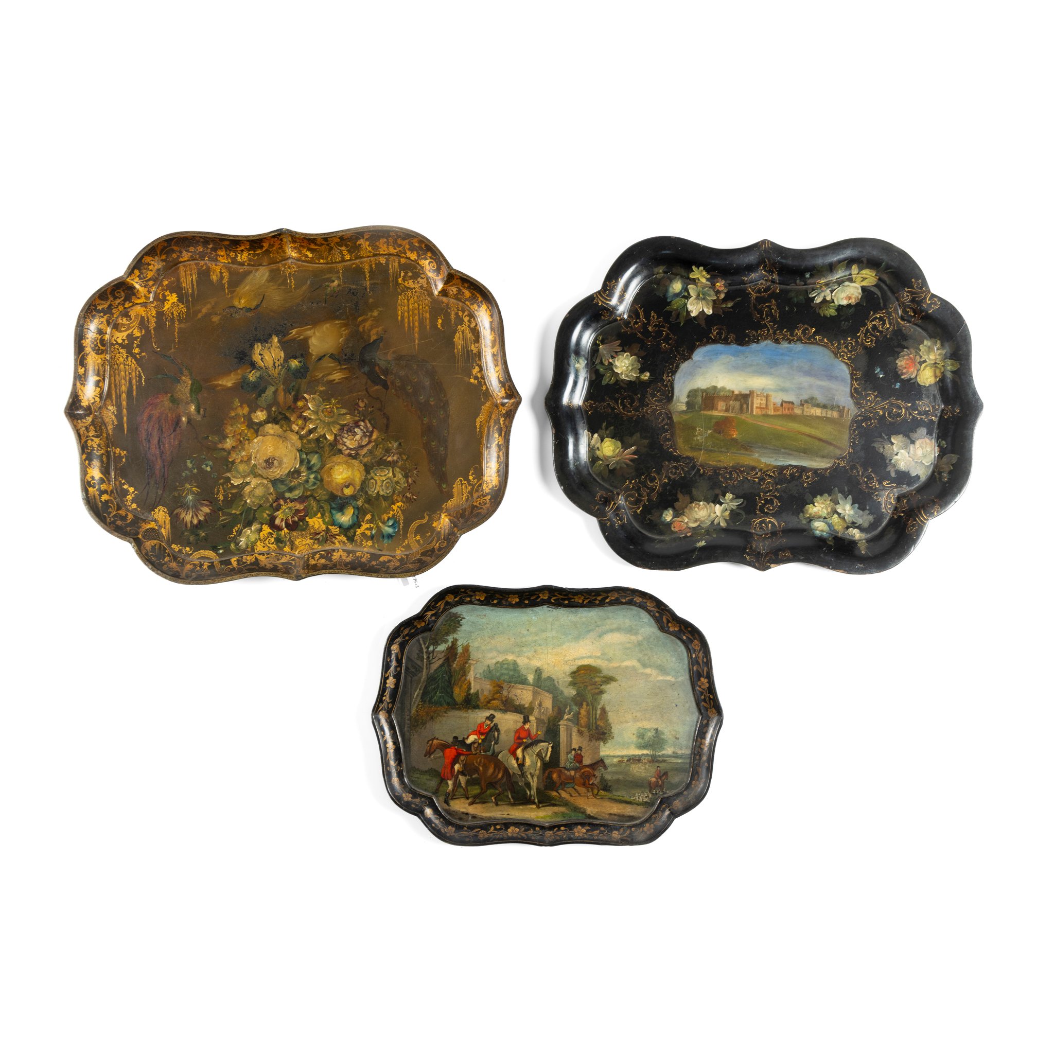 THREE VICTORIAN PAPIER MACHE EBONISED AND PAINTED TRAYS
