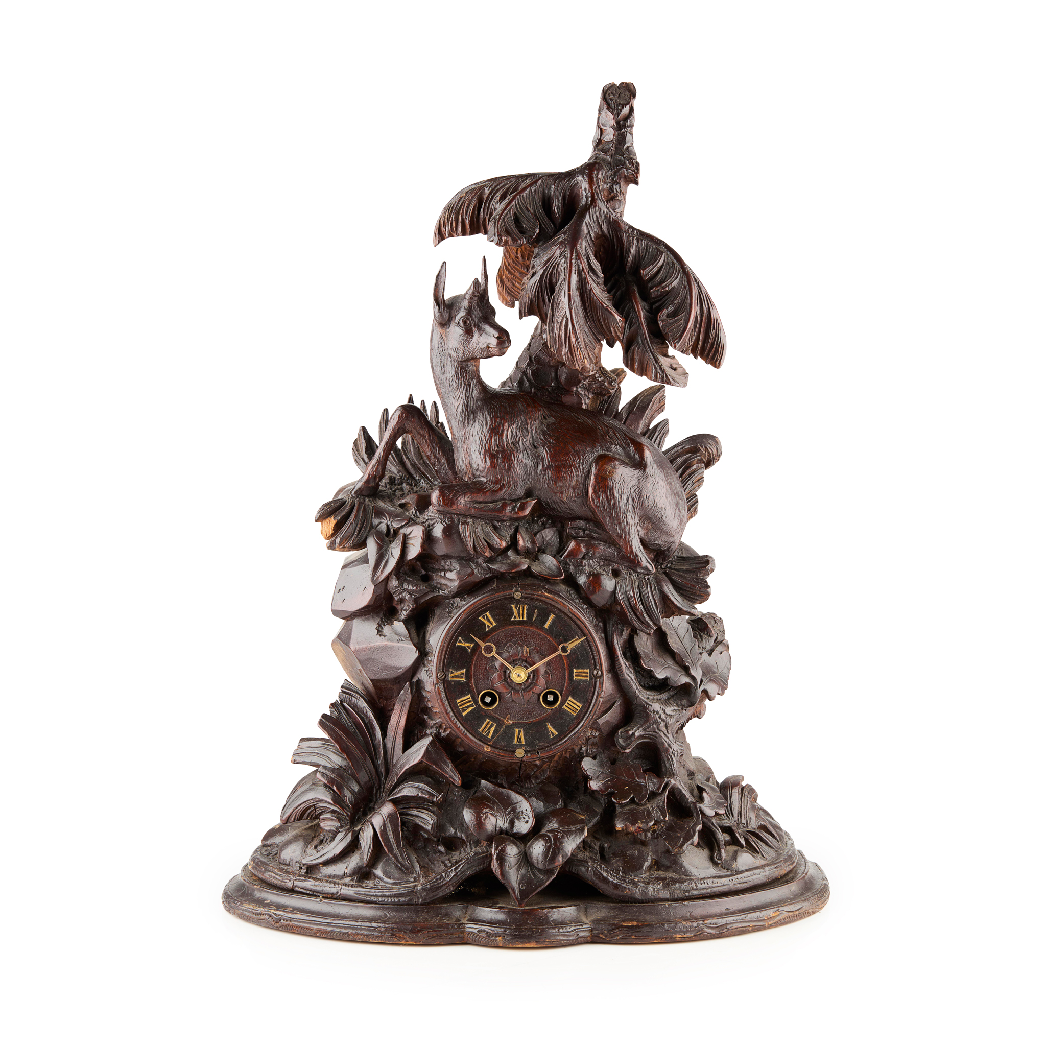CARVED BLACK FOREST MANTEL CLOCK, LEUENBERGER & SON
