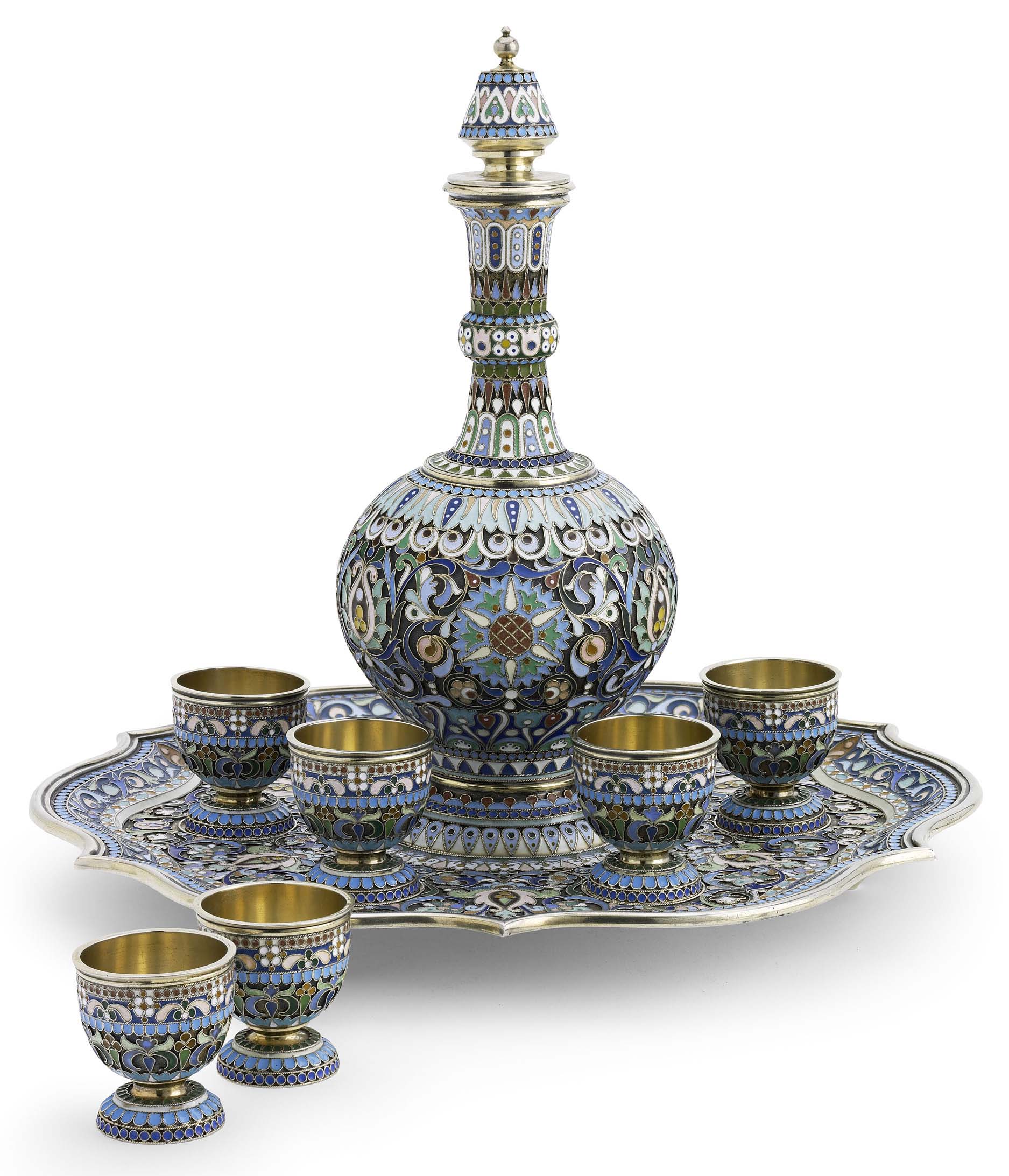 A silver-gilt and cloisonné enamel and silver vodka set