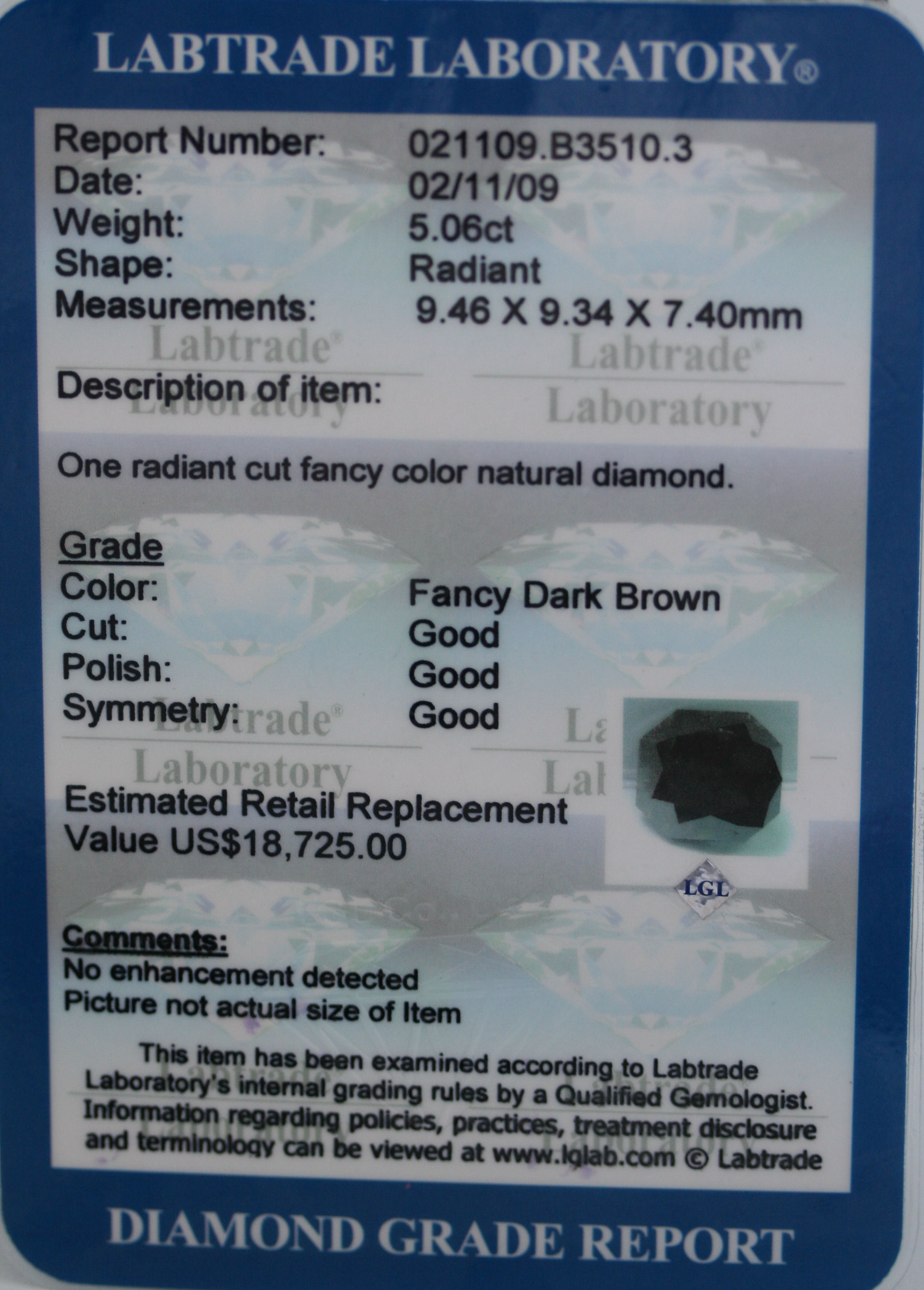 An unmounted radiant cut diamond