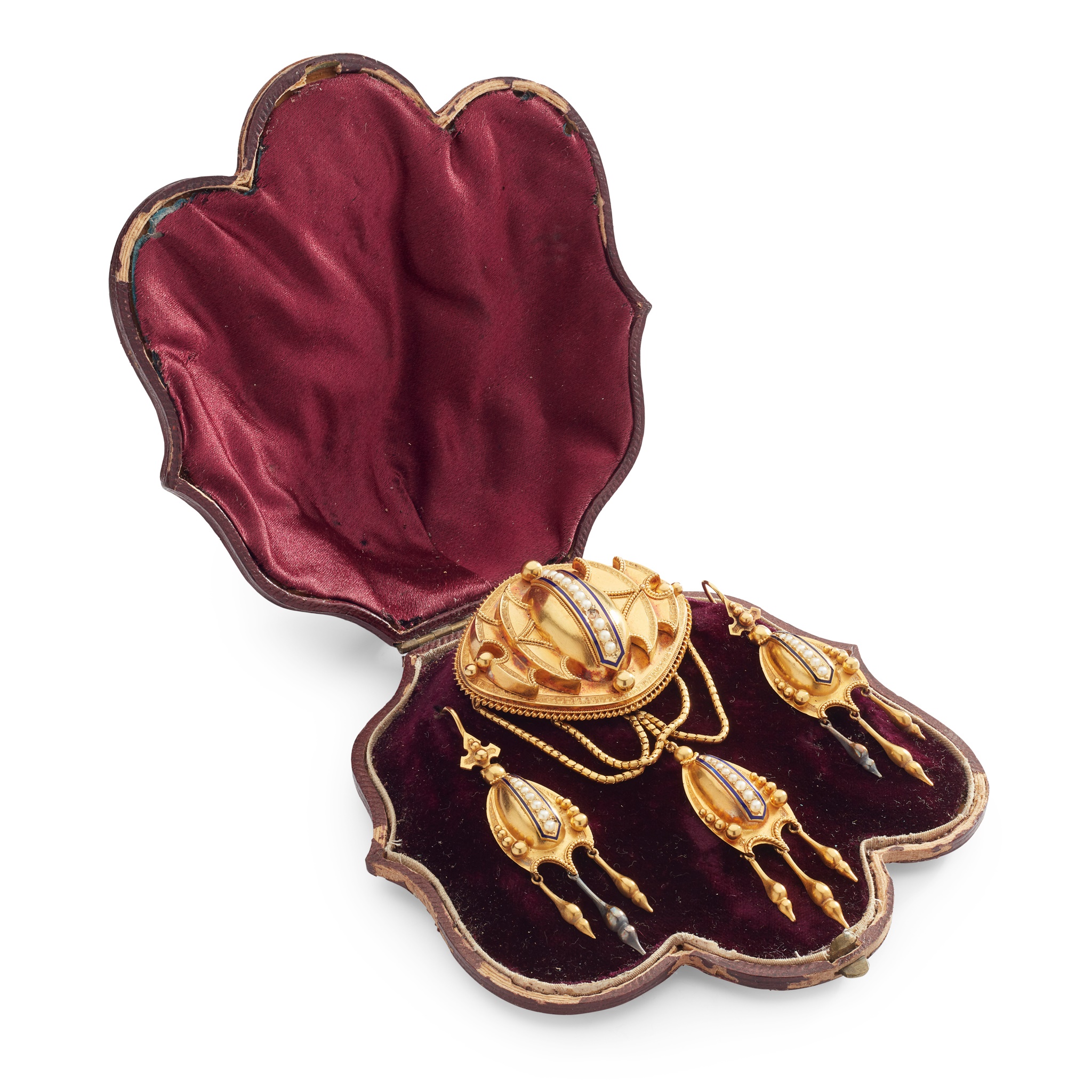A Victorian pearl and enamelled brooch and earrings