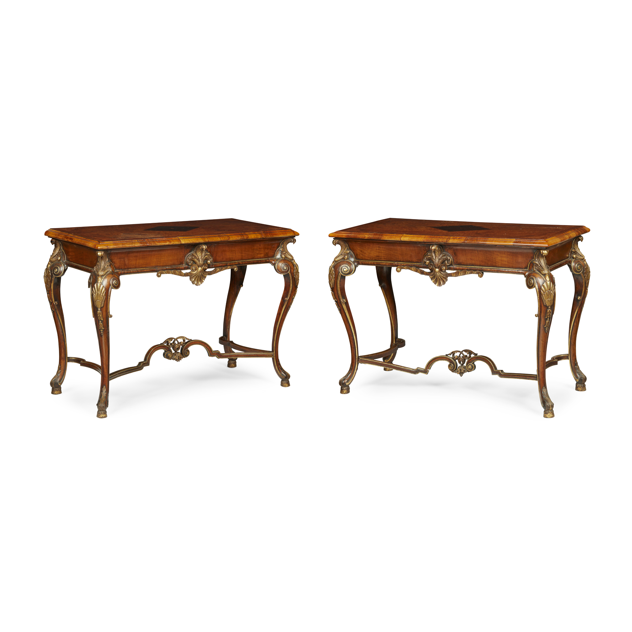 PAIR OF WALNUT, LABURNUM, AND PARCEL GILT CONSOLE TABLES