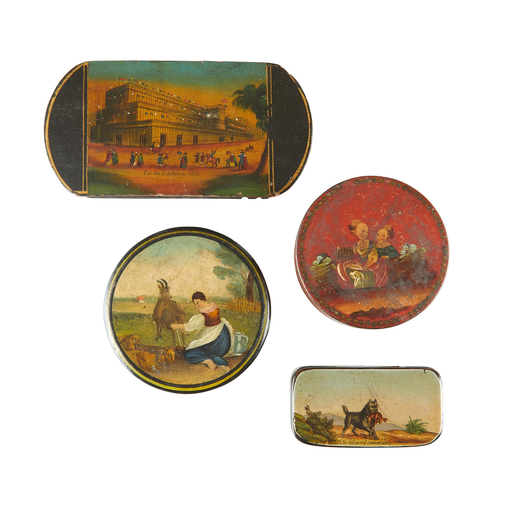 FOUR VICTORIAN PAINTED PAPIER MACHE BOXES