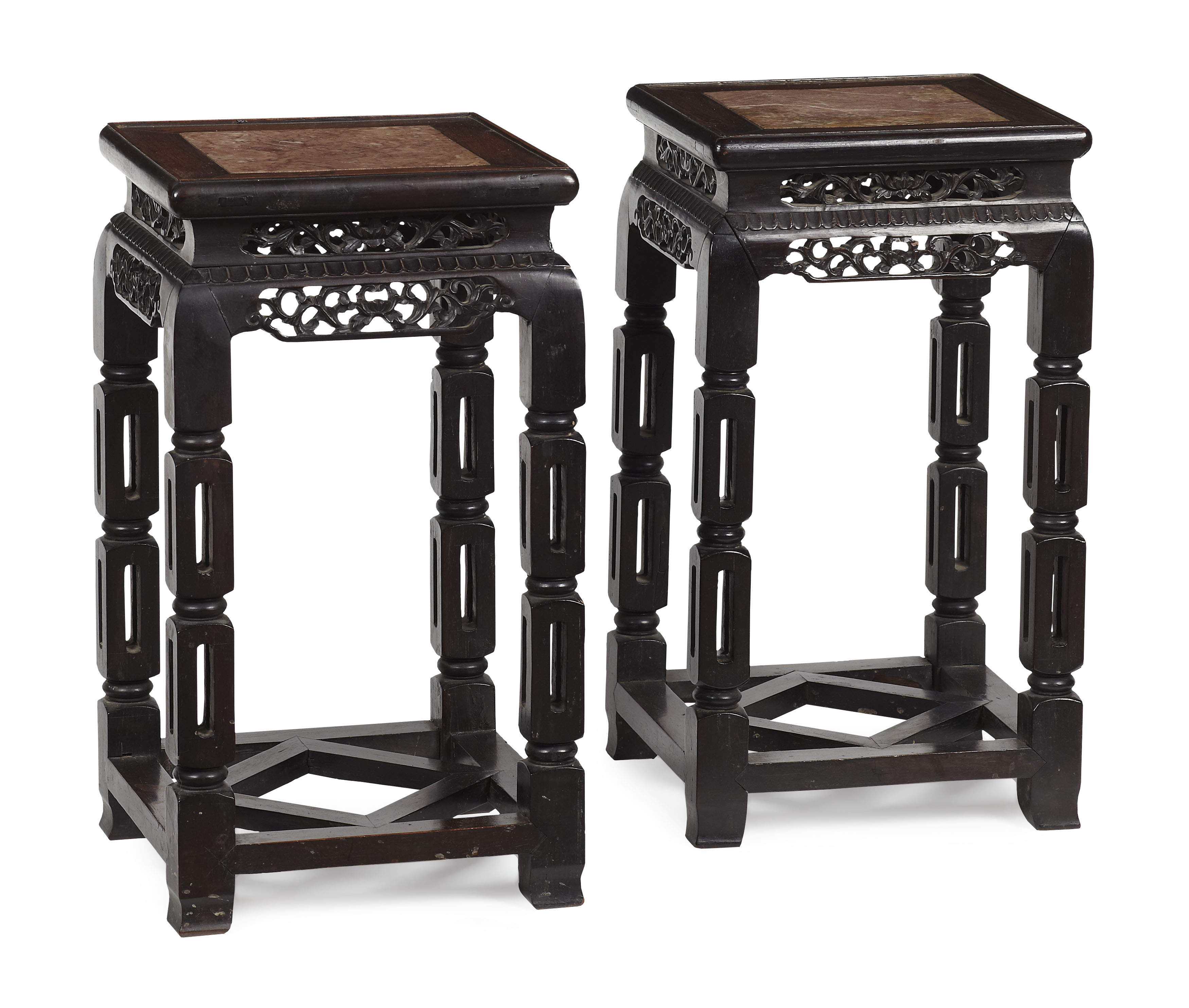 PAIR OF CHINESE HONGMU MARBLE TOP STANDS