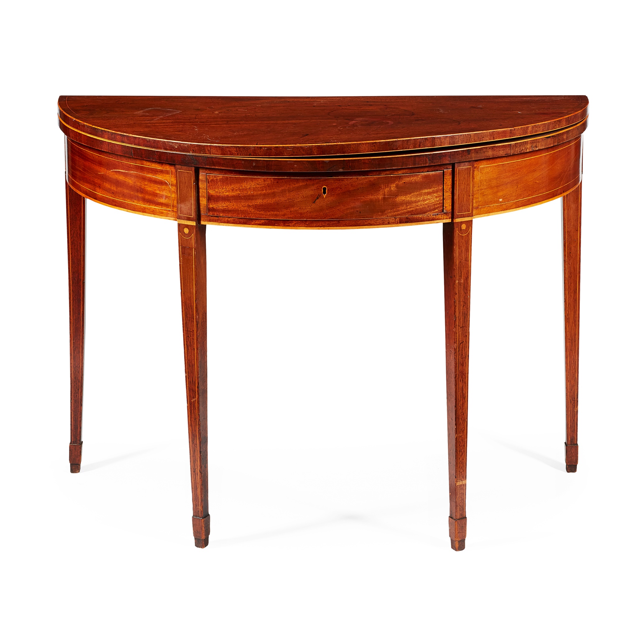 GEORGE III MAHOGANY AND BOXWOOD INLAID DEMI LUNE TEA TABLE