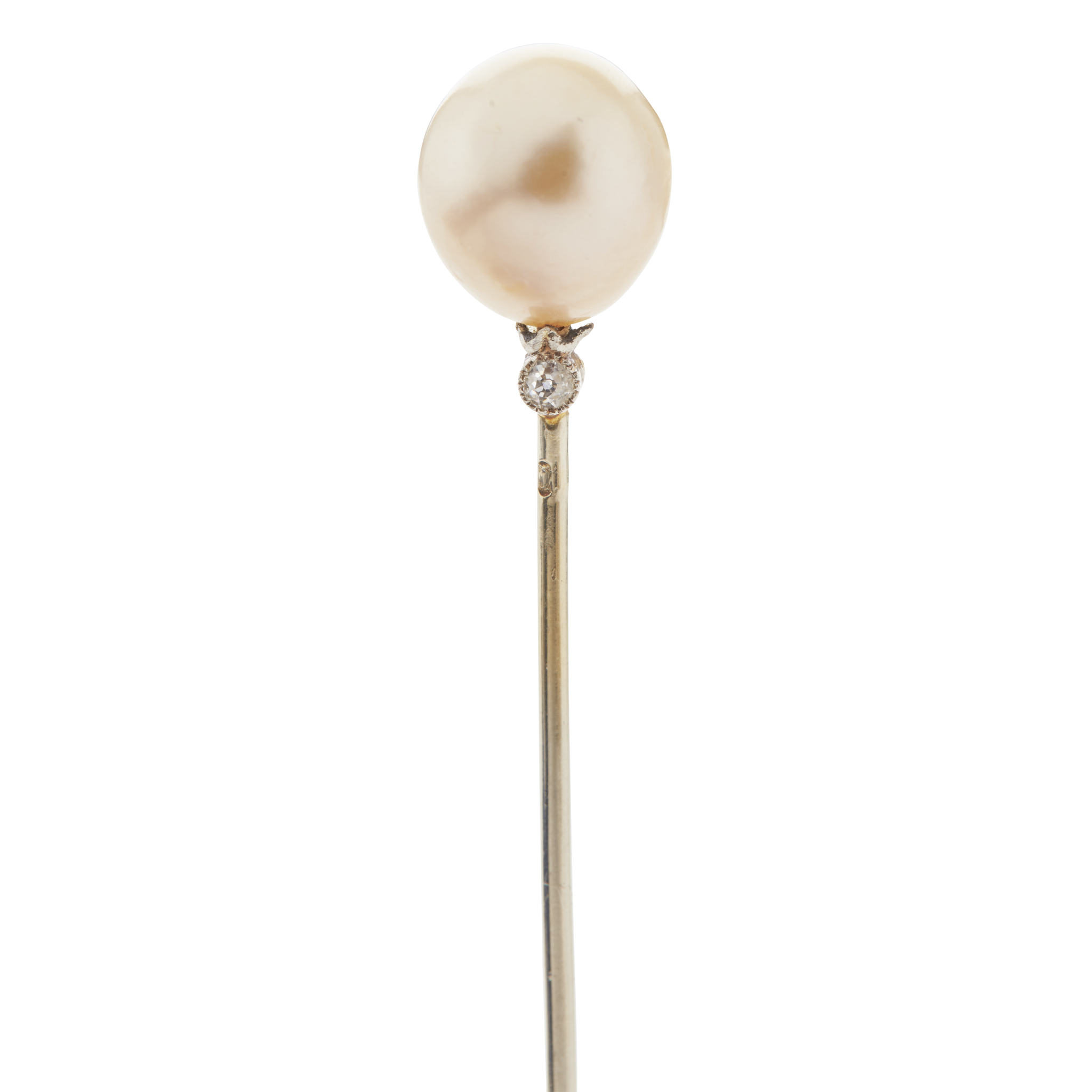 An early 20th century natural pearl and diamond set stick pin