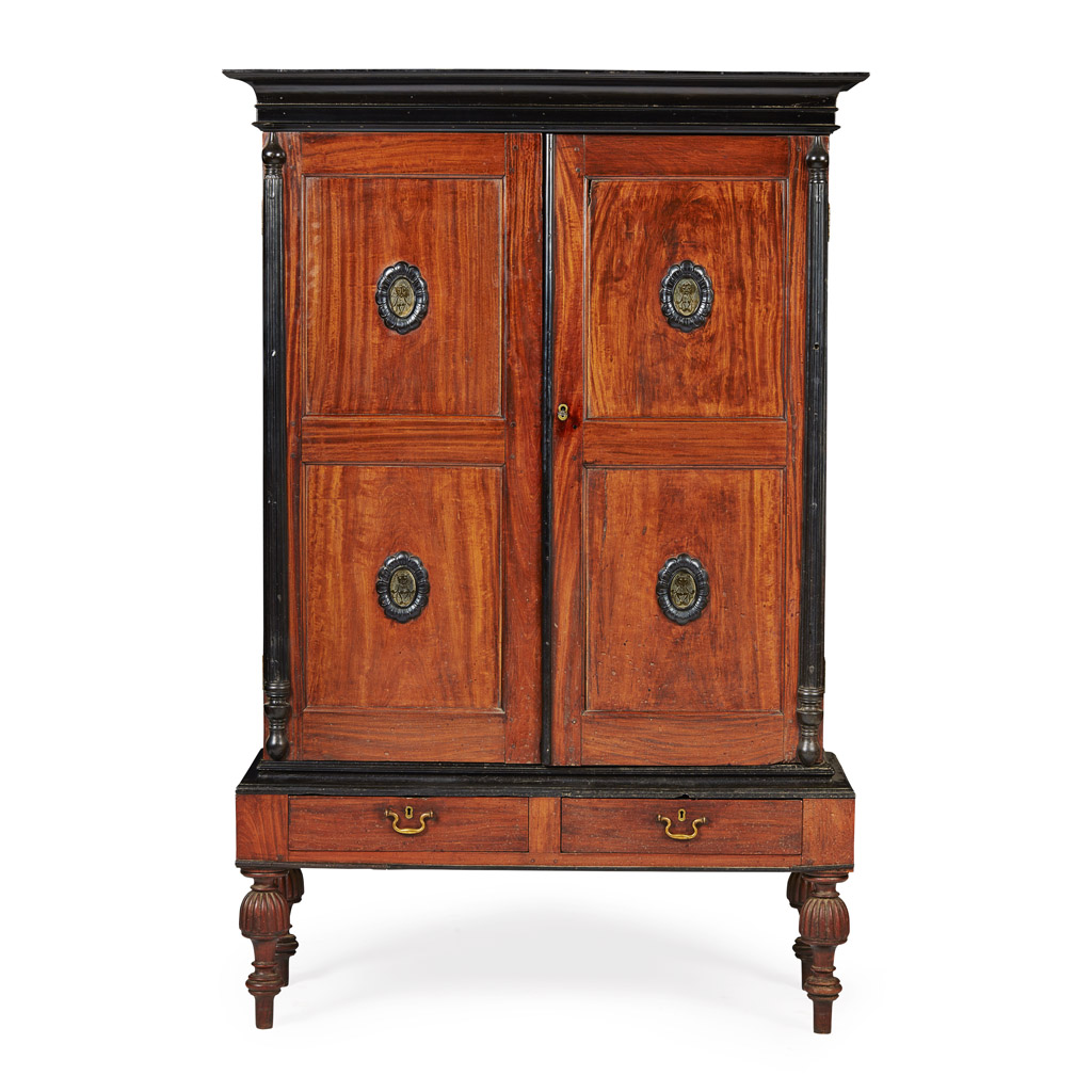 DUTCH COLONIAL PADOUK, EBONY AND BRASS MOUNTED CABINET ON STAND