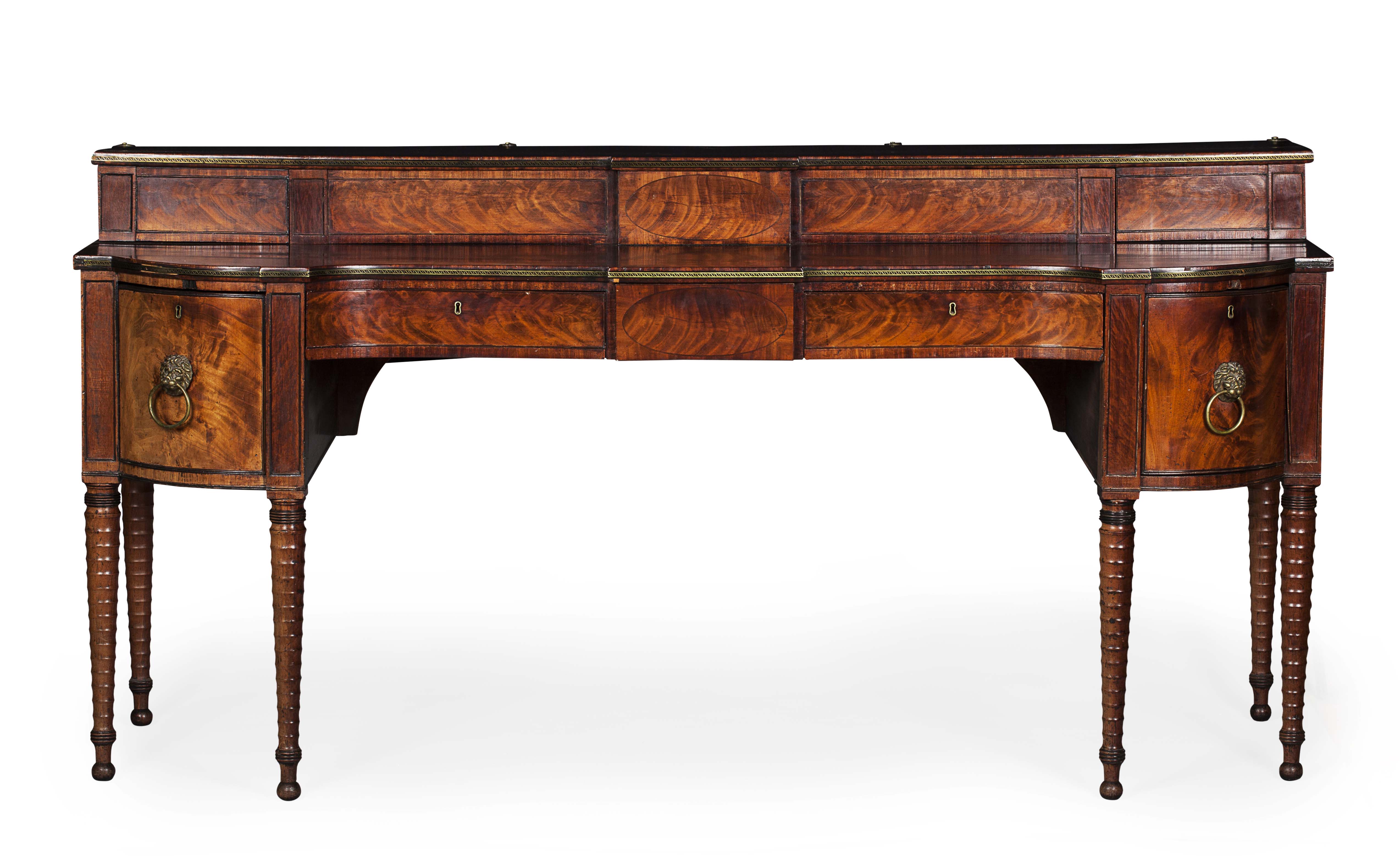 SCOTTISH REGENCY MAHOGANY, EBONISED AND BRASS INLAID STAGEBACK SIDEBOARD