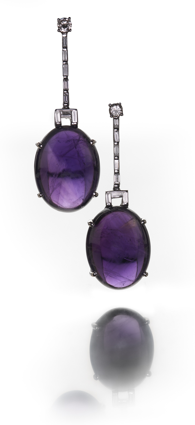 A pair of amethyst and diamond pendant earrings,