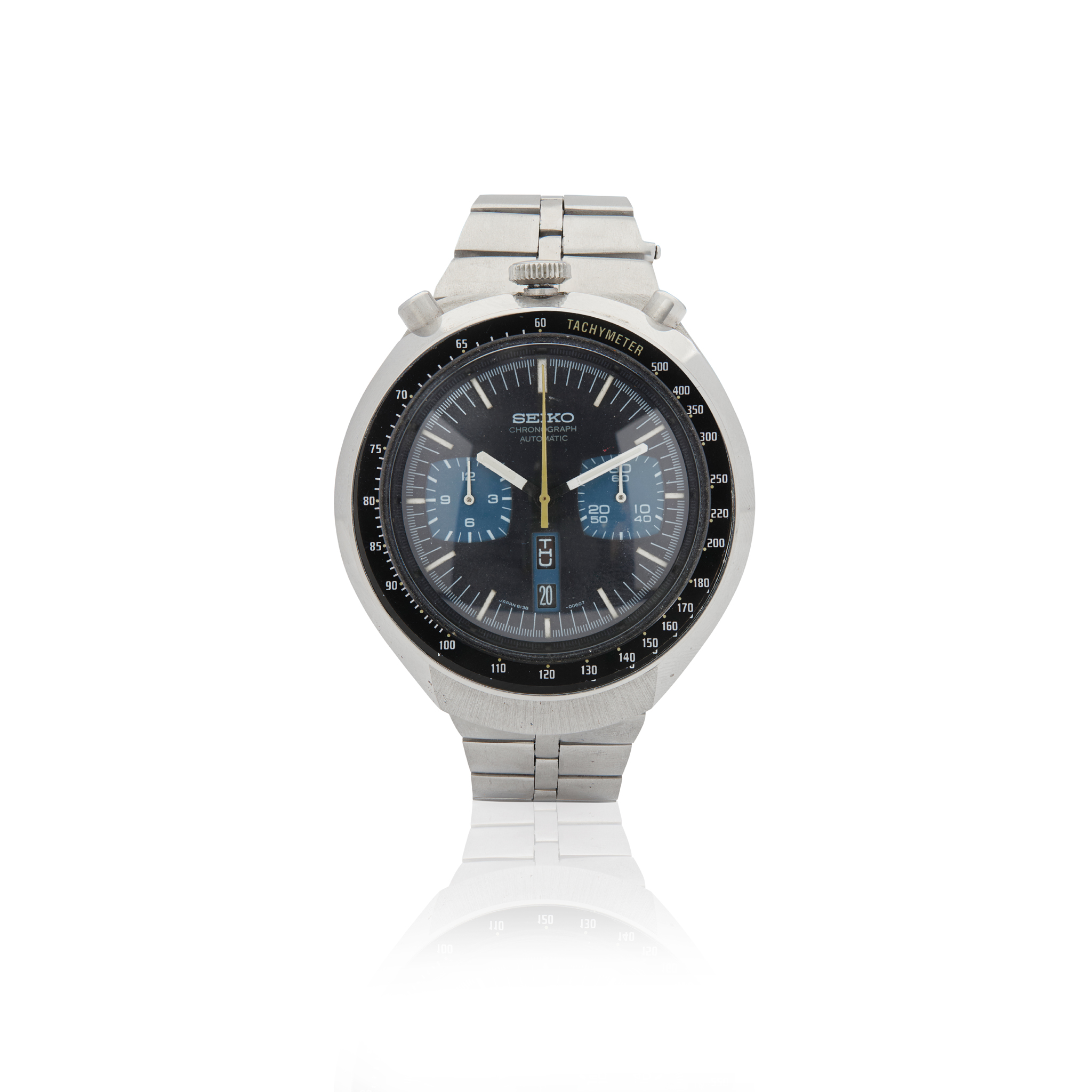 Seiko. An unusual stainless steel automatic chronograph wristwatch with day and date