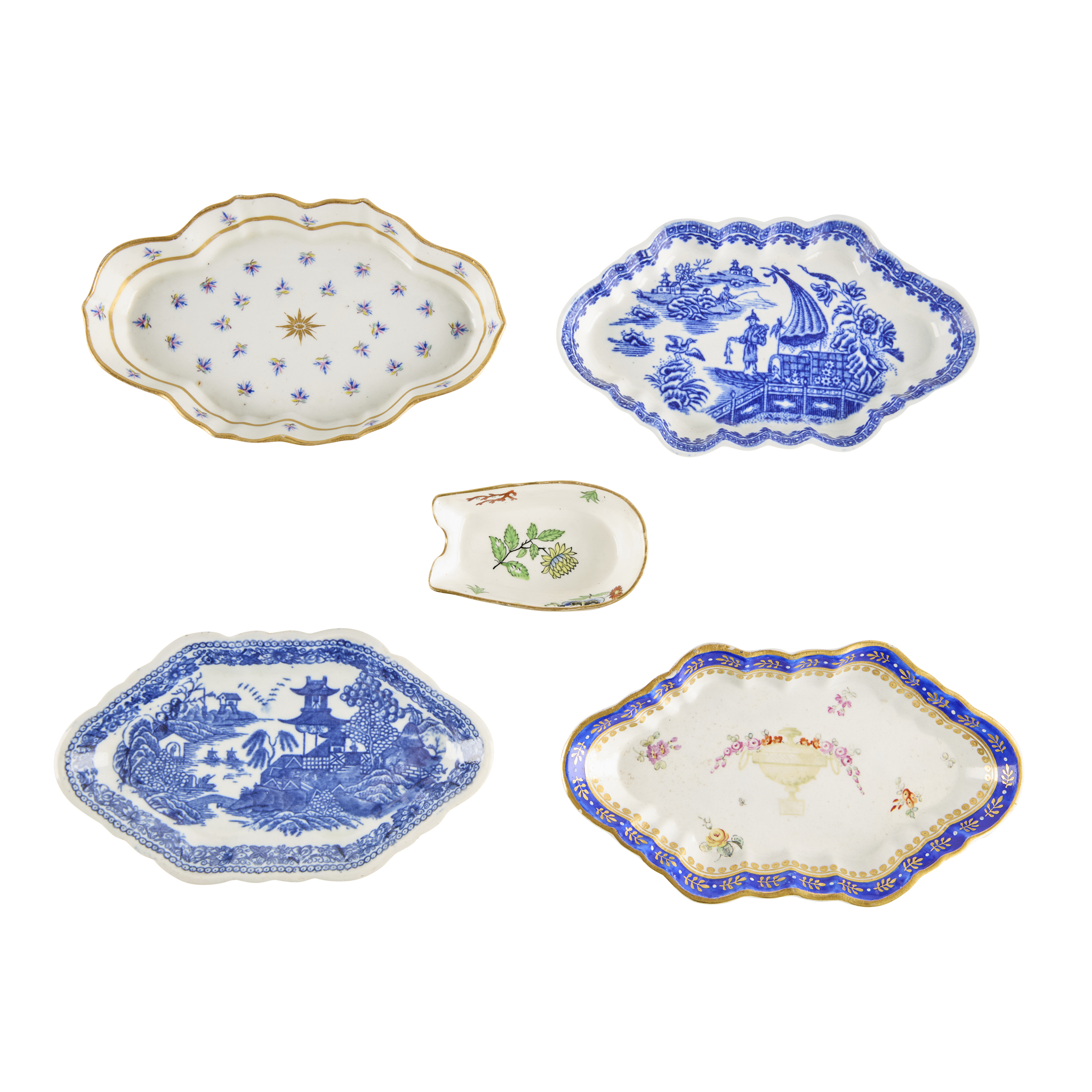 FIVE VARIOUS ENGLISH PORCELAIN SPOON TRAYS