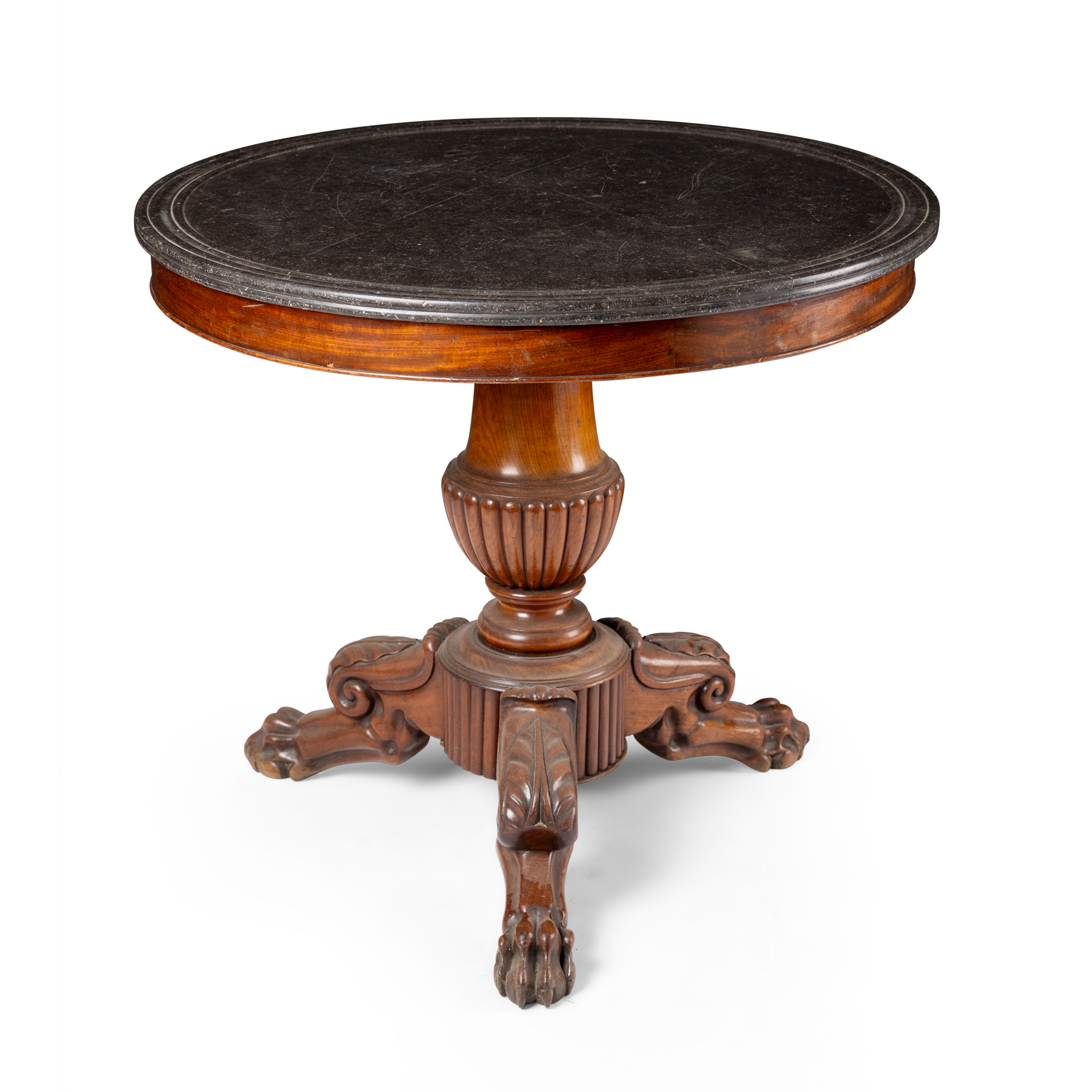 A FRENCH MAHOGANY AND DISHED MARBLE TOP GUERIDON