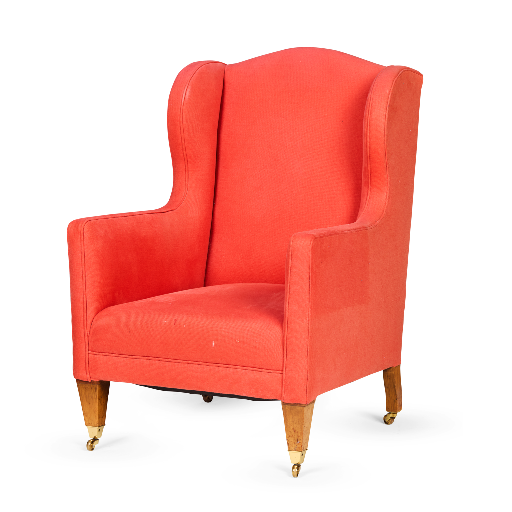 EDWARDIAN UPHOLSTERED WING ARMCHAIR, PROBABLY LENYGON & MORANT