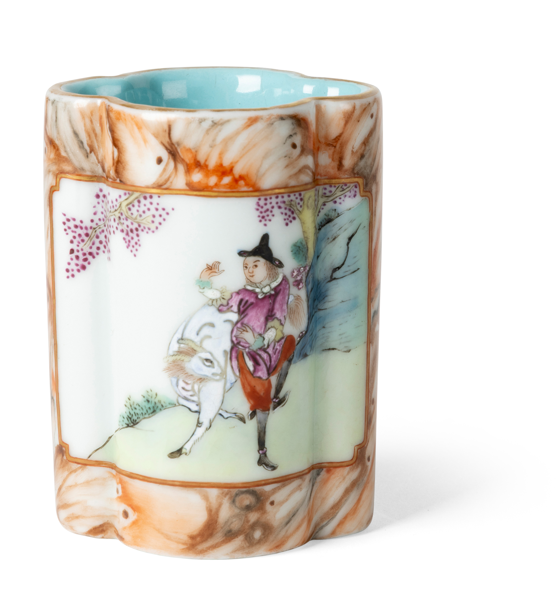 CHINESE FAMILLE ROSE AND FAUX BOIS 'EUROPEAN SUBJECT' BRUSH POT