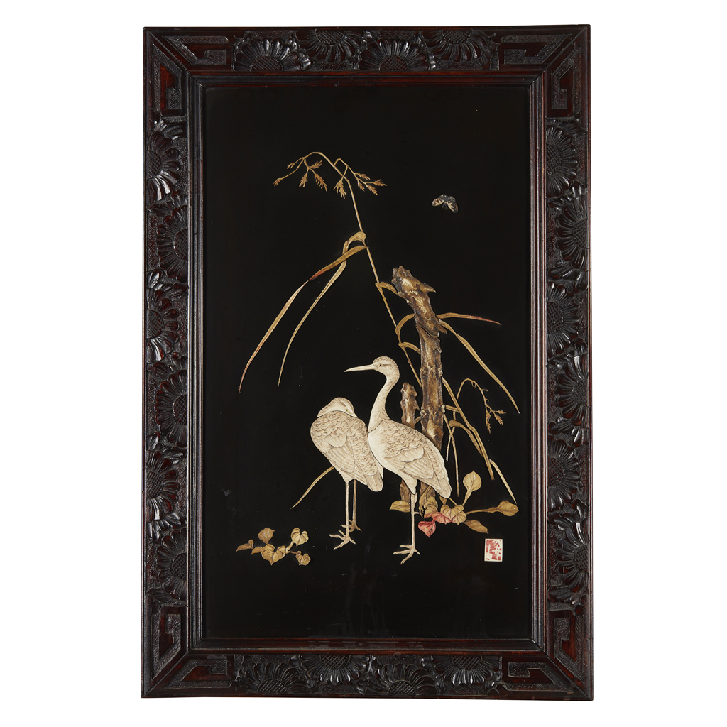 FINE PAIR OF IVORY INLAID LACQUERED PANELS