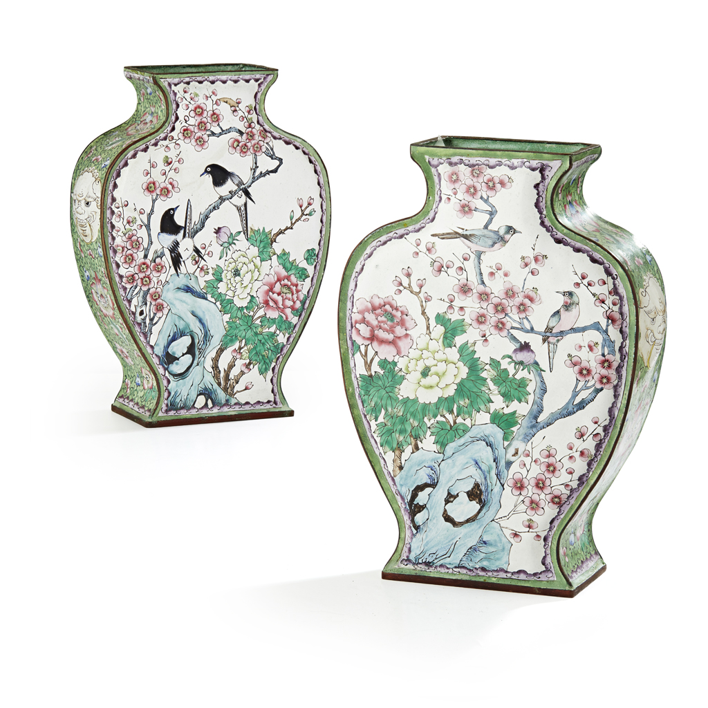 PAIR OF CANTON ENAMEL FLASK-FORM VASES