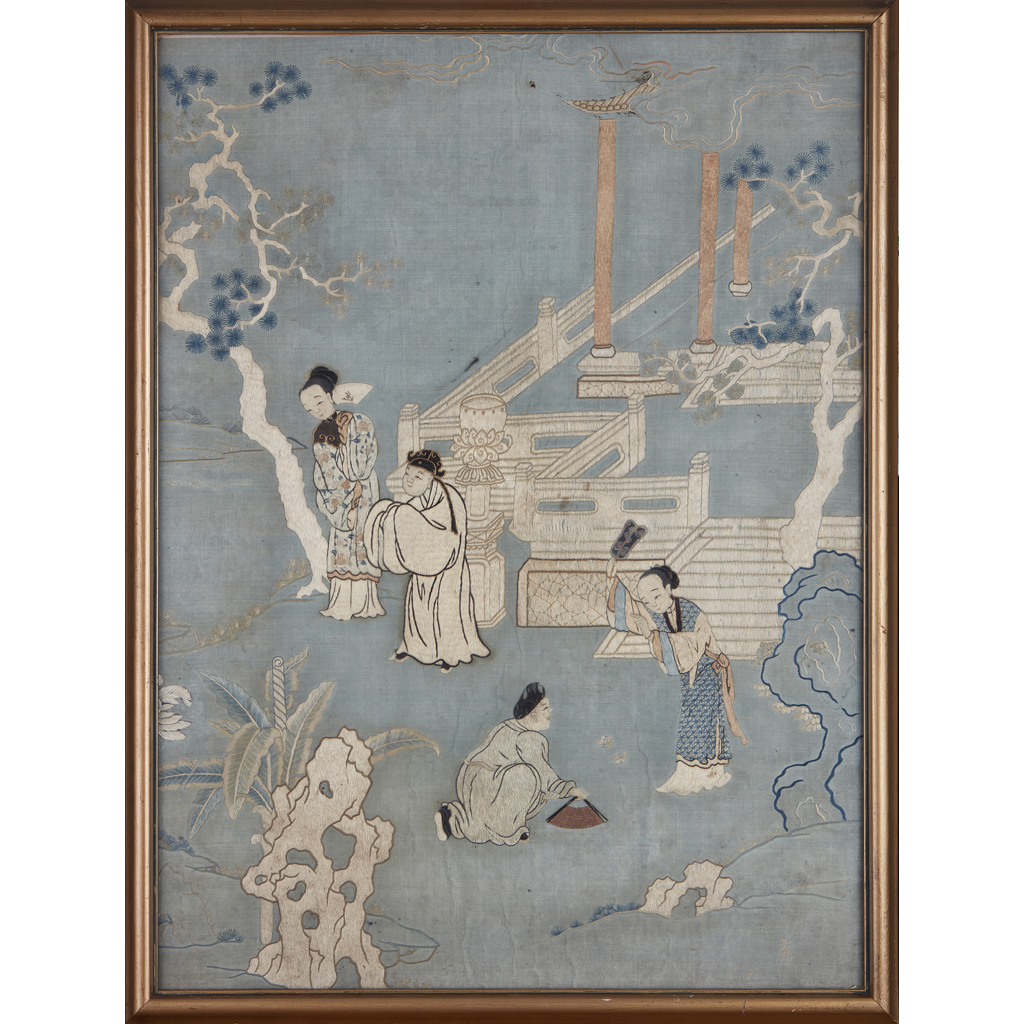 EMBROIDERED SILK 'CATCHING BUTTERFLIES' PANEL