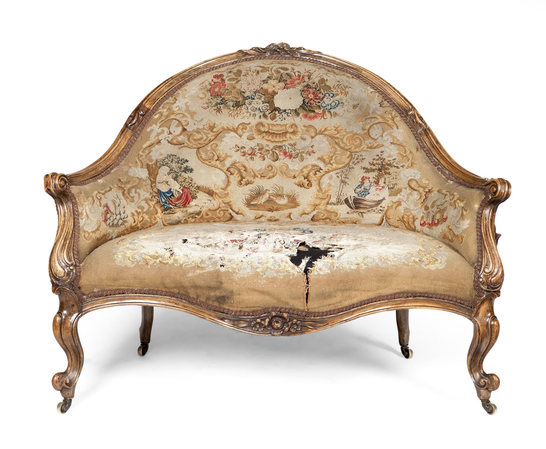 LOUIS XV STYLE BEECH AND TAPESTRY UPHOLSTERED MARQUISE