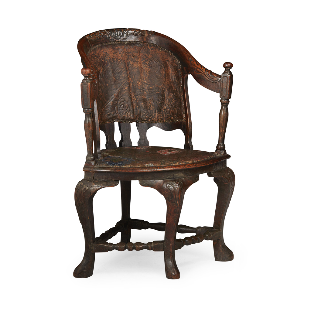 DUTCH WALNUT AND LEATHER UPHOLSTERED MASTER'S CHAIR