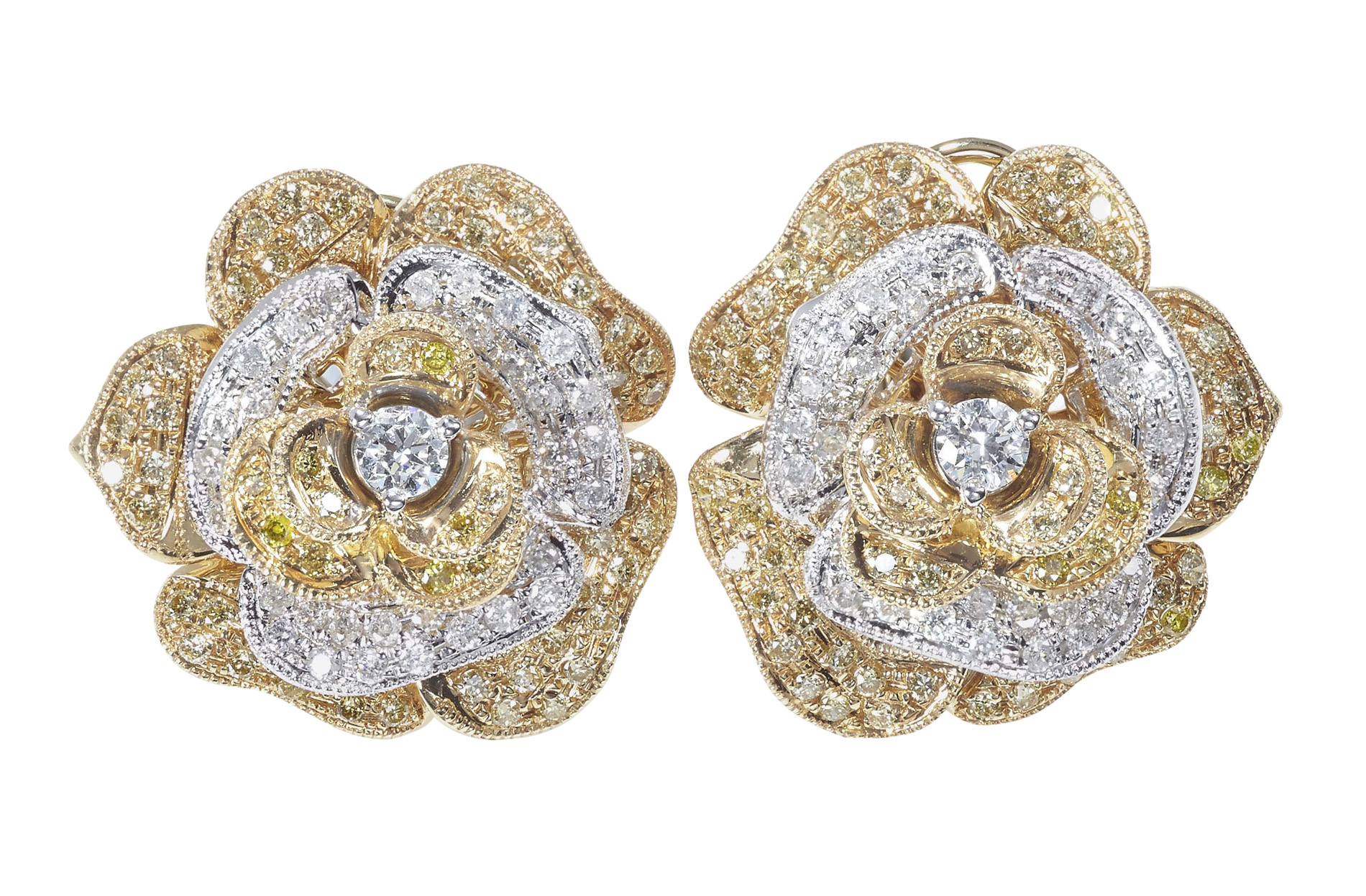 A pair of yellow and colourless diamond set floral cluster earrings